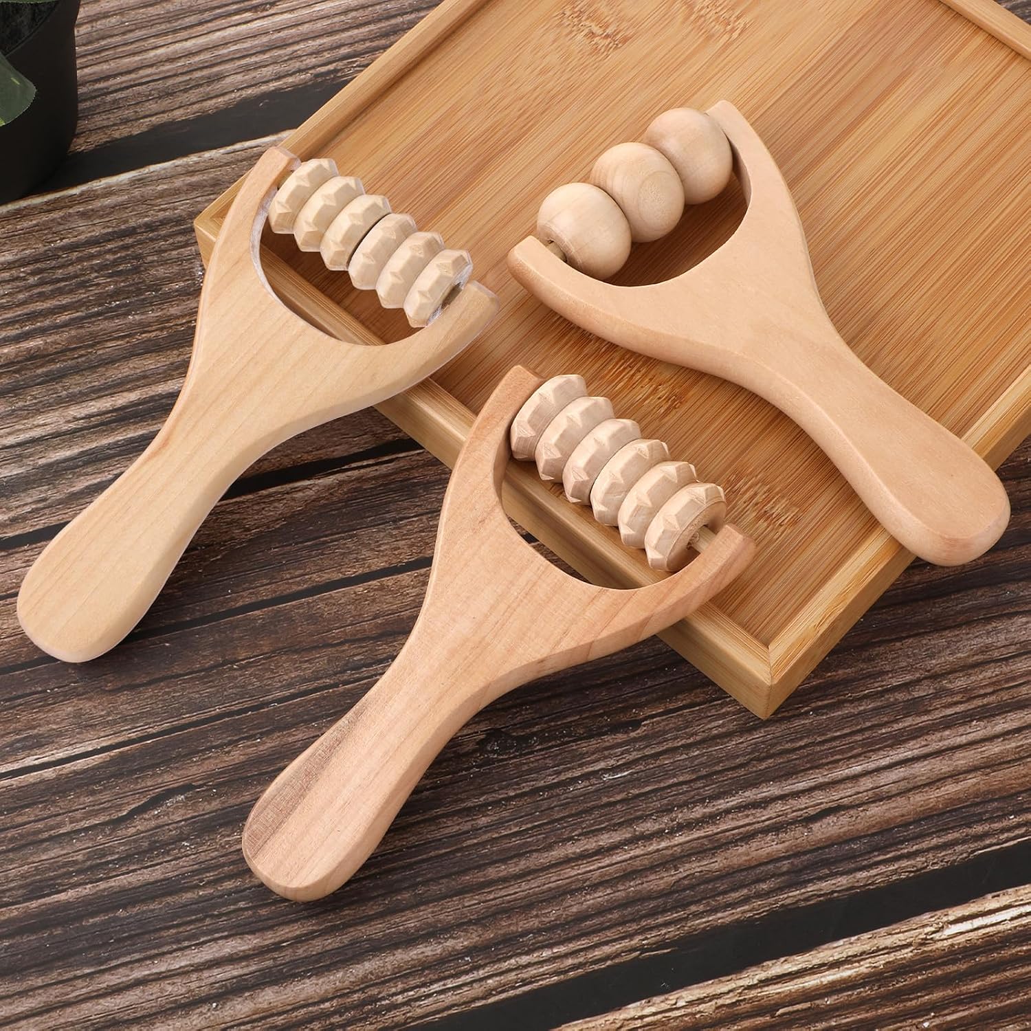 Abeillo 3Pcs Wooden Hand Massage Roller, Muscle Roller Stick | Manual Wood Therapy Massage Tools Massager Rollers, for Relaxes Thigh, Leg, Hands Full Body Muscle Men Women
