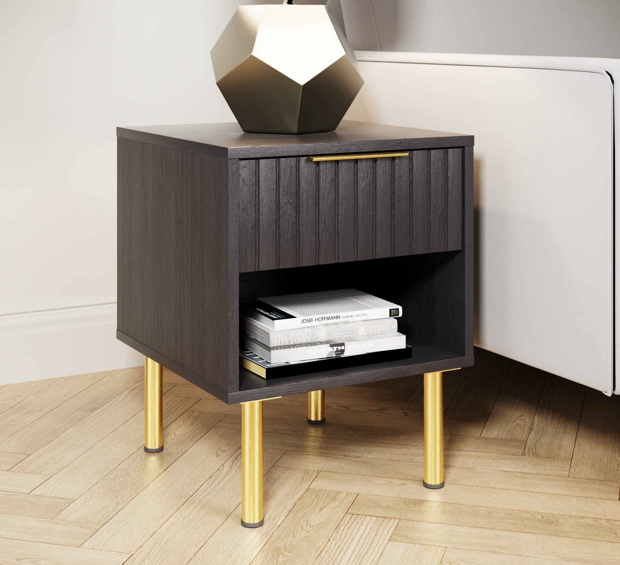 GFW Nervata Lamp Table, Black Side Table with Drawer Storage, Art Deco Style End Table with Gold Accents and Wood Grain Texture for Living Room and Bedroom — image 1