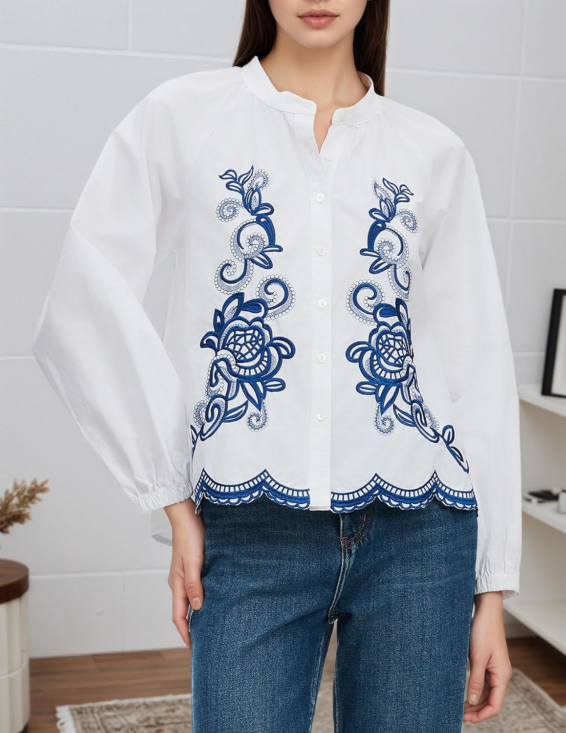 Women's Floral Embroidered Tops Boho Long Sleeve V Neck Button Up Shirt Fall Casual Blouses - Image 6