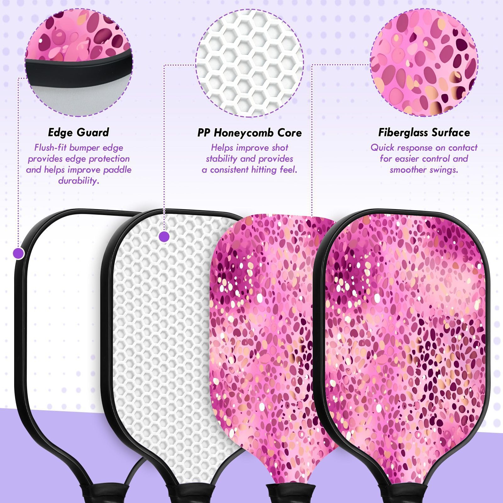 Leopard - Racchette da pickleball Spin & Power con glitter sfumati viola