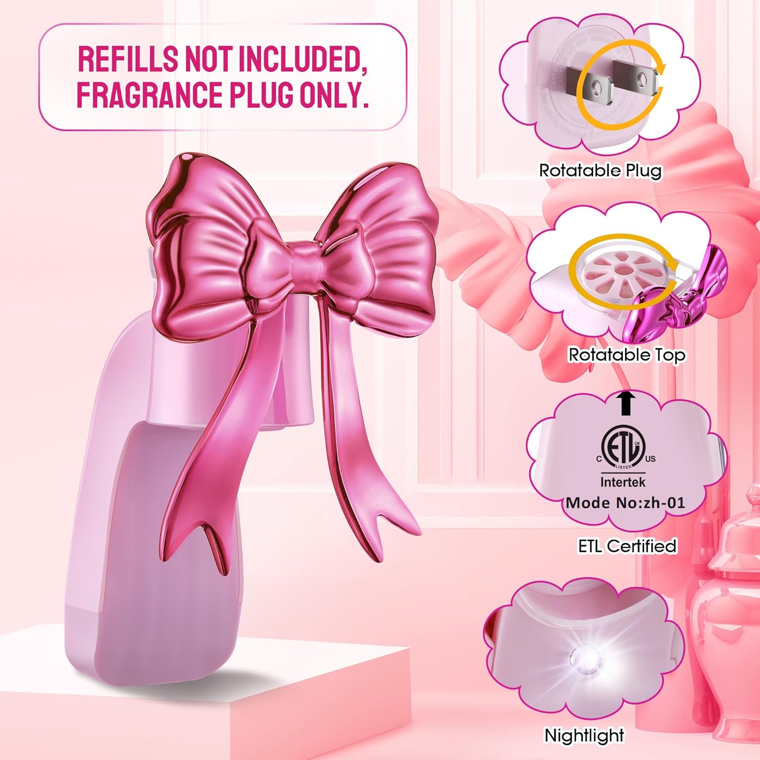 Wall Fragrance Plug Compatible with Bath & Body Works WallFlower Refills, Christmas Pink Bow Scent Diffuser with LED Nightlight, Adjustable Diffuser Plug for Home, Office - Image 2