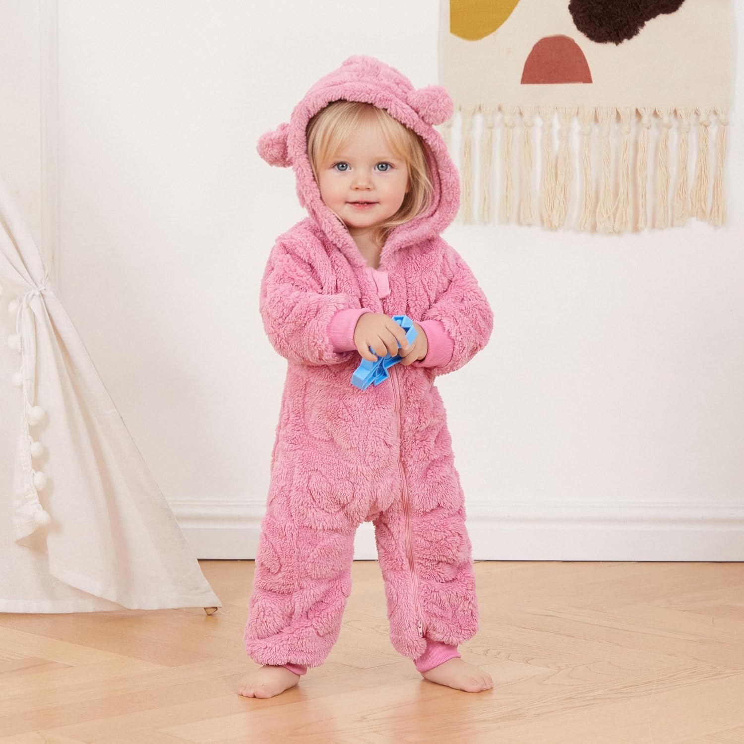 allshope Newborn Fluffy Baby Girl Winter Romper Solid Color Plush Hooded Long Sleeve Jumpsuit Bodysuit Infant Fall Clothes - Image 2