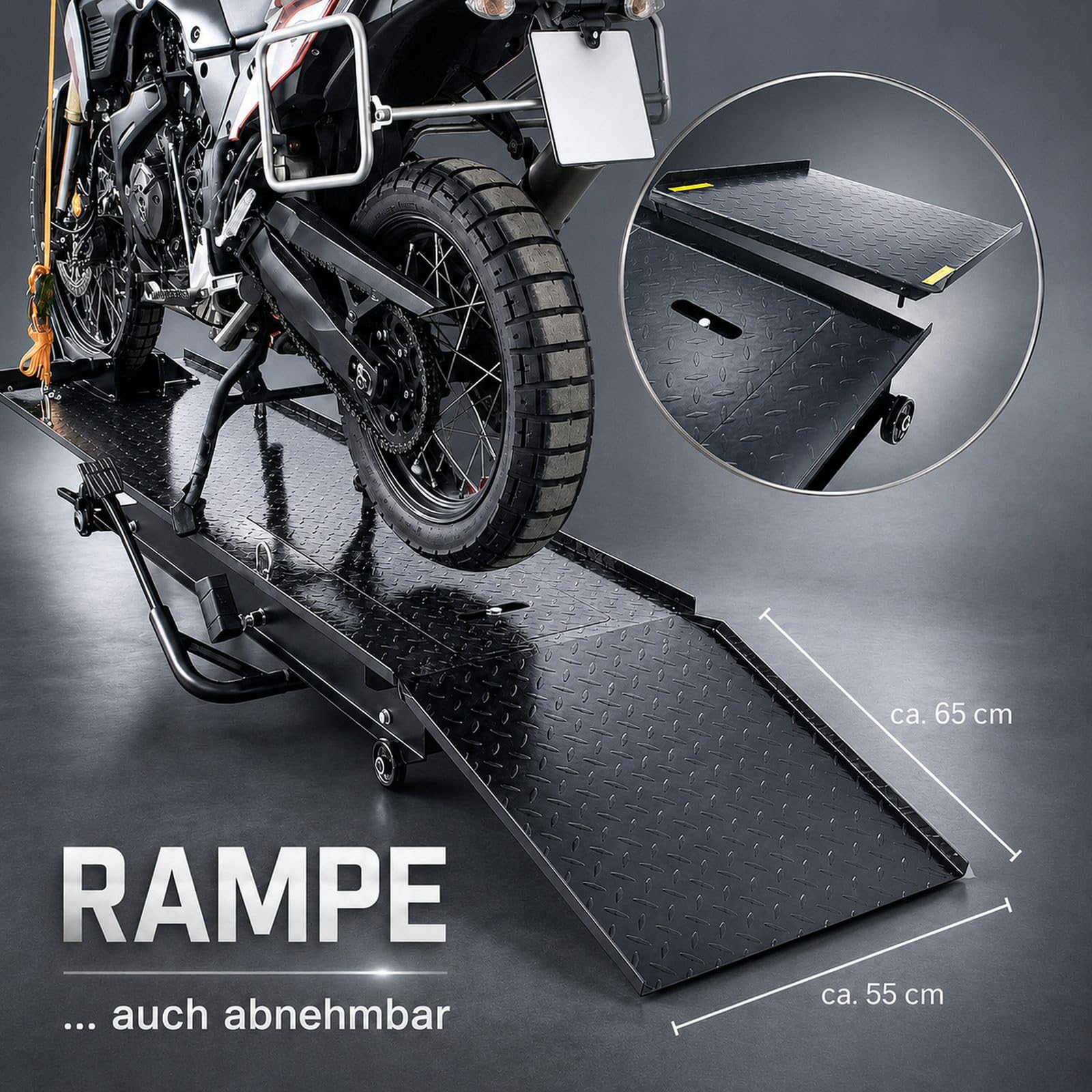TRUTZHOLM Motorradhebebühne hydraulisch Tragkraft 450 kg Motorradheber Nutzbreite 55 cm Hubbereich 18-84 cm abnehmbare Auffahrrampe 4 Halteösen 45° Vorderradklemmung Parallelheber Hebebühne (Schwarz)