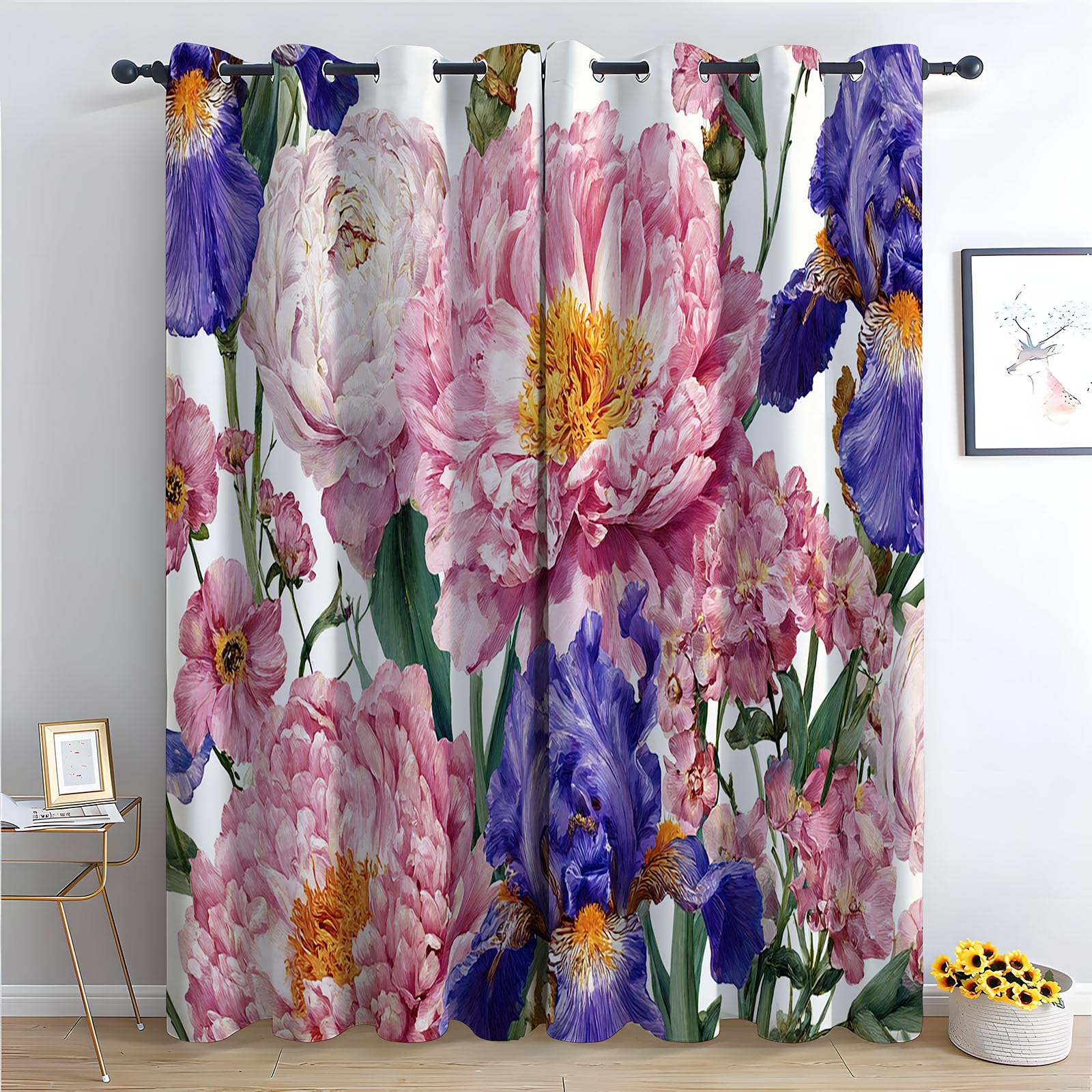 TERUEA Polyester Fabric Curtains Watercolor pink peony purple iris wildflower vintage floral Curtains Botanical Thermal Insulated Noise Reducing Drapes Window Treatment-52 W x 84" L (Pack of 2)