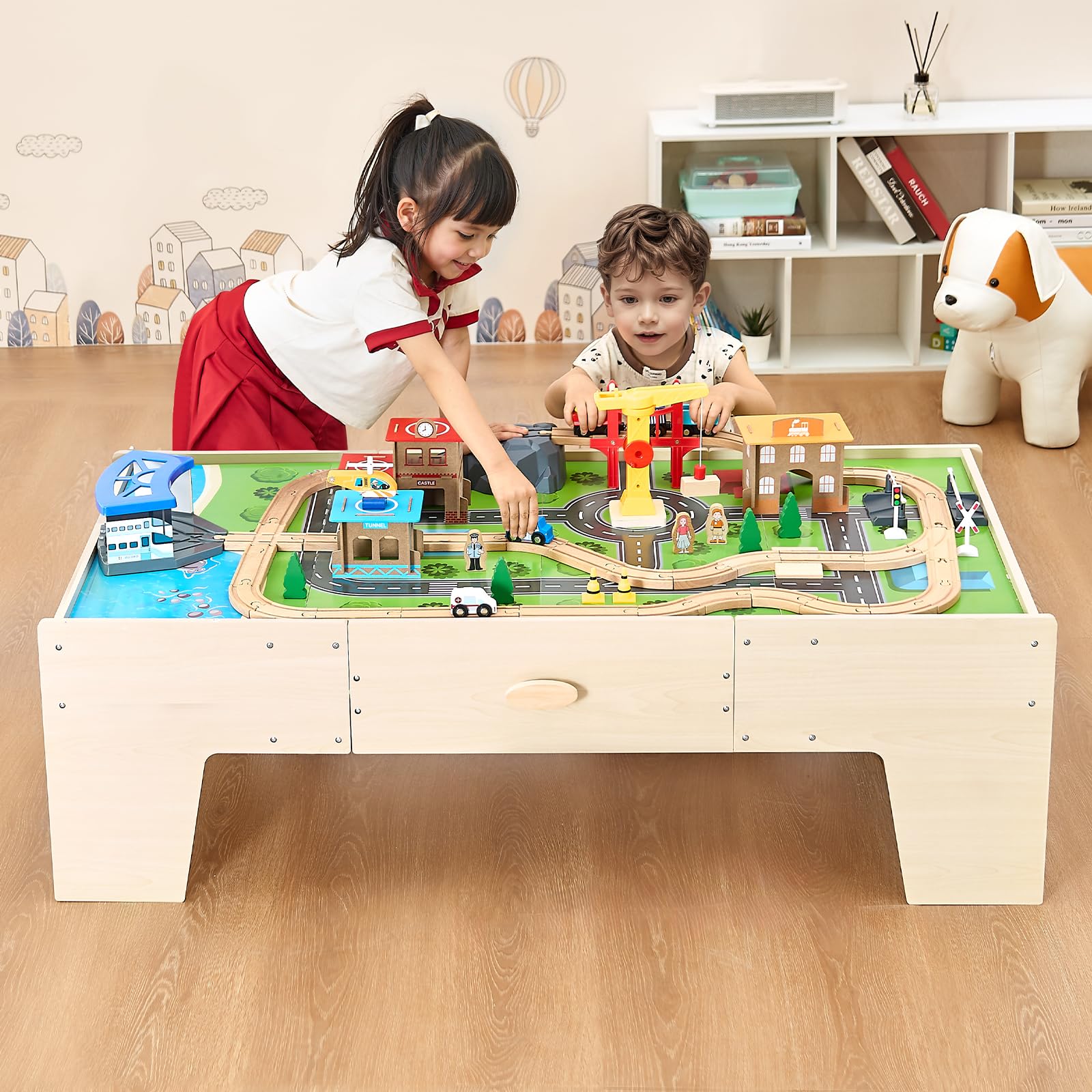 VEVOR Holz Aktivitätstisch, 62-teilig, Kindertisch mit großer Schublade, 3-in-1-Eisenbahnset zum Spielen, Malen, Lesen, Essen, kreatives Spielzeugset für Kinder ab 3 Jahren