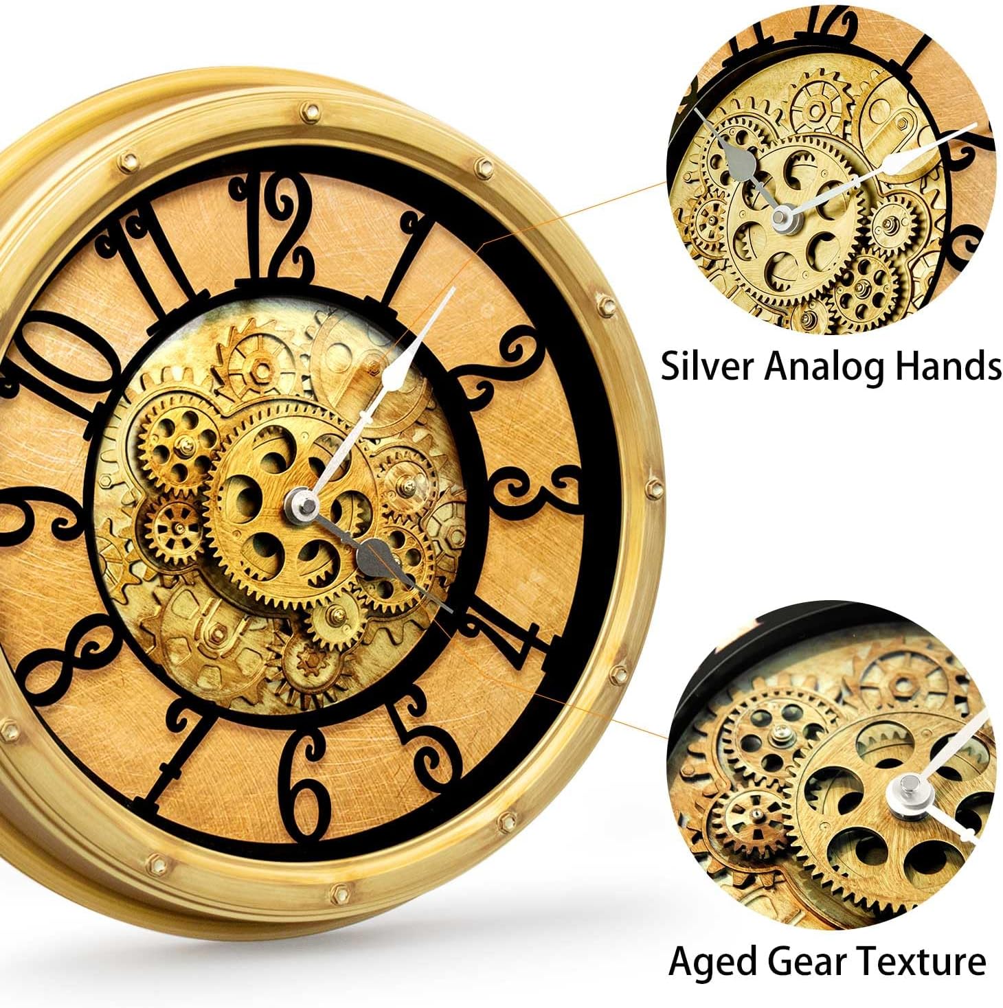 Wall Clock with Moving Gears, Vintage Industrial 16-Inch Silent Non-Ticking Steampunk Timepiece, Retro Frame Analog Battery Operated, Rustic Mechanical Decor for Living Room, Home, Office, Loft(Gold)