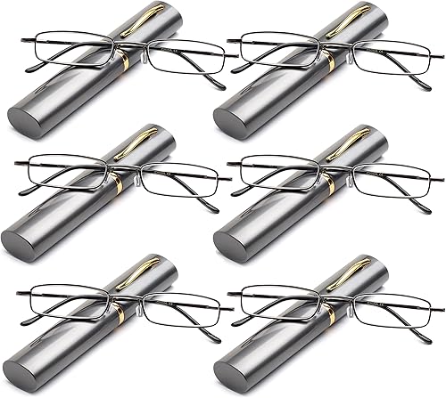 Newbee Fashion - Gafas de lectura ultra compactas con clip de bolsillo portátil, estuche de aluminio, 6 paquetes
