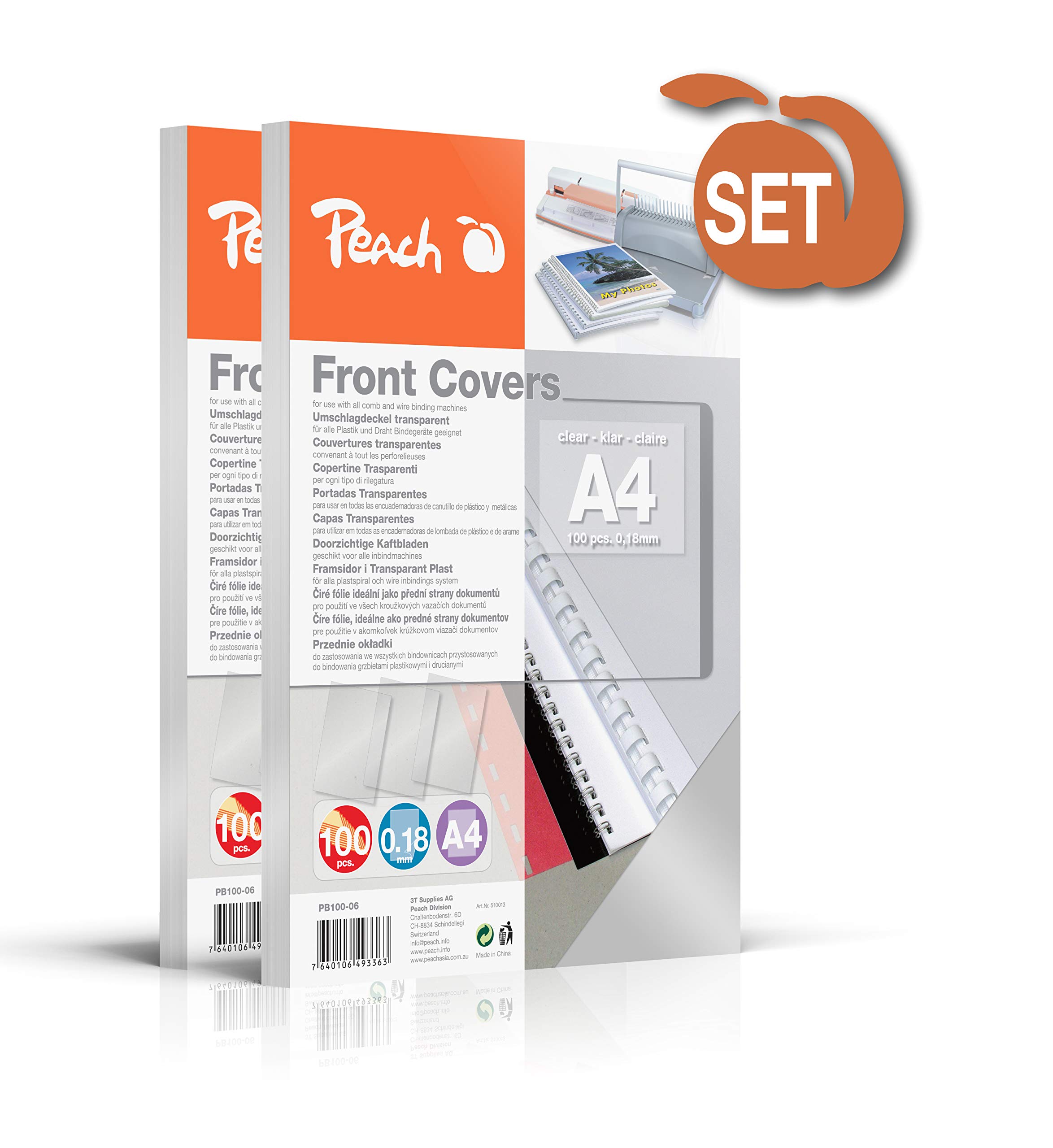 Peach PB100-06A Fogli Copertina A4 0,18 mm Trasparente Confezione da 200