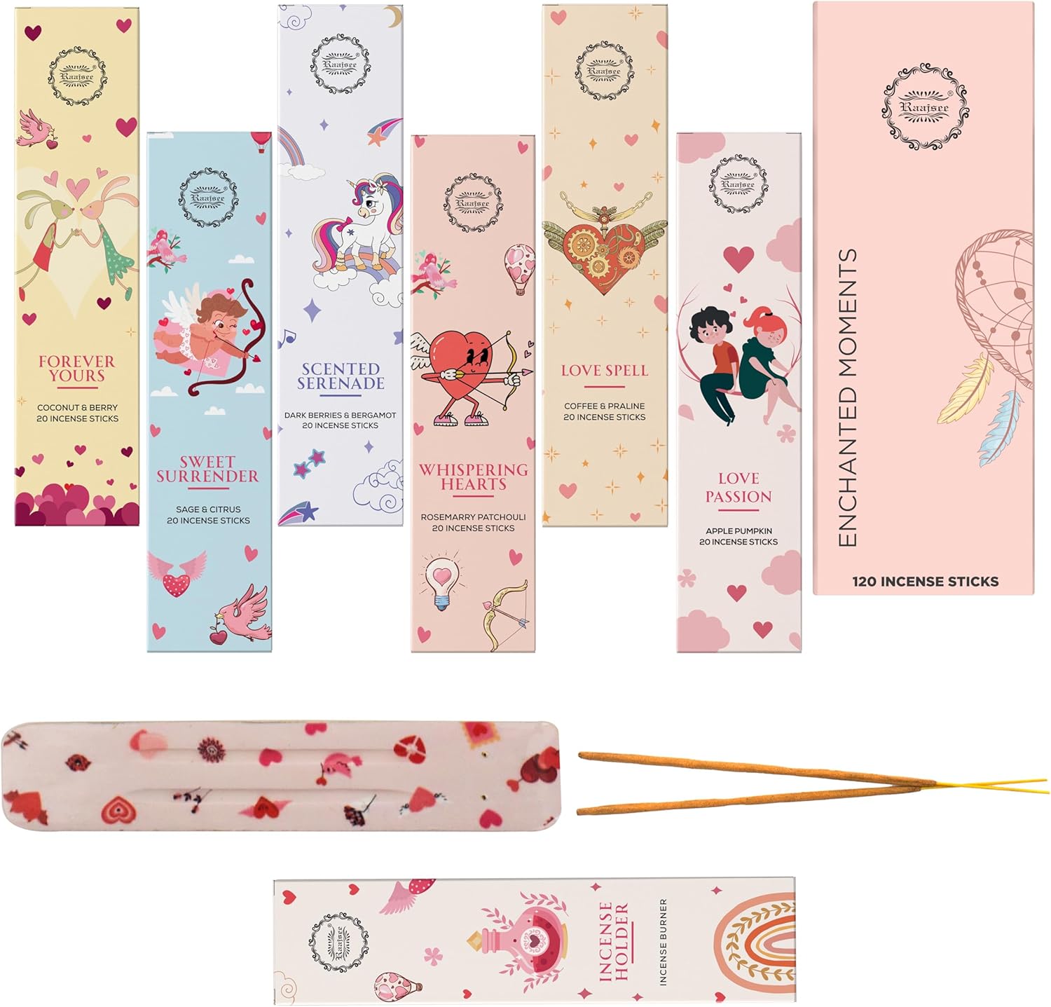 Raajsee Natural Incense Sticks with Insence Holder- Pack of 6 Organic Inscent -120 Insense Sticks, Non Toxic Clean Burning, Boho Gift Set, Sage,Apple Pumpkin,Coconut, Coffee,Rosemary Patchouli