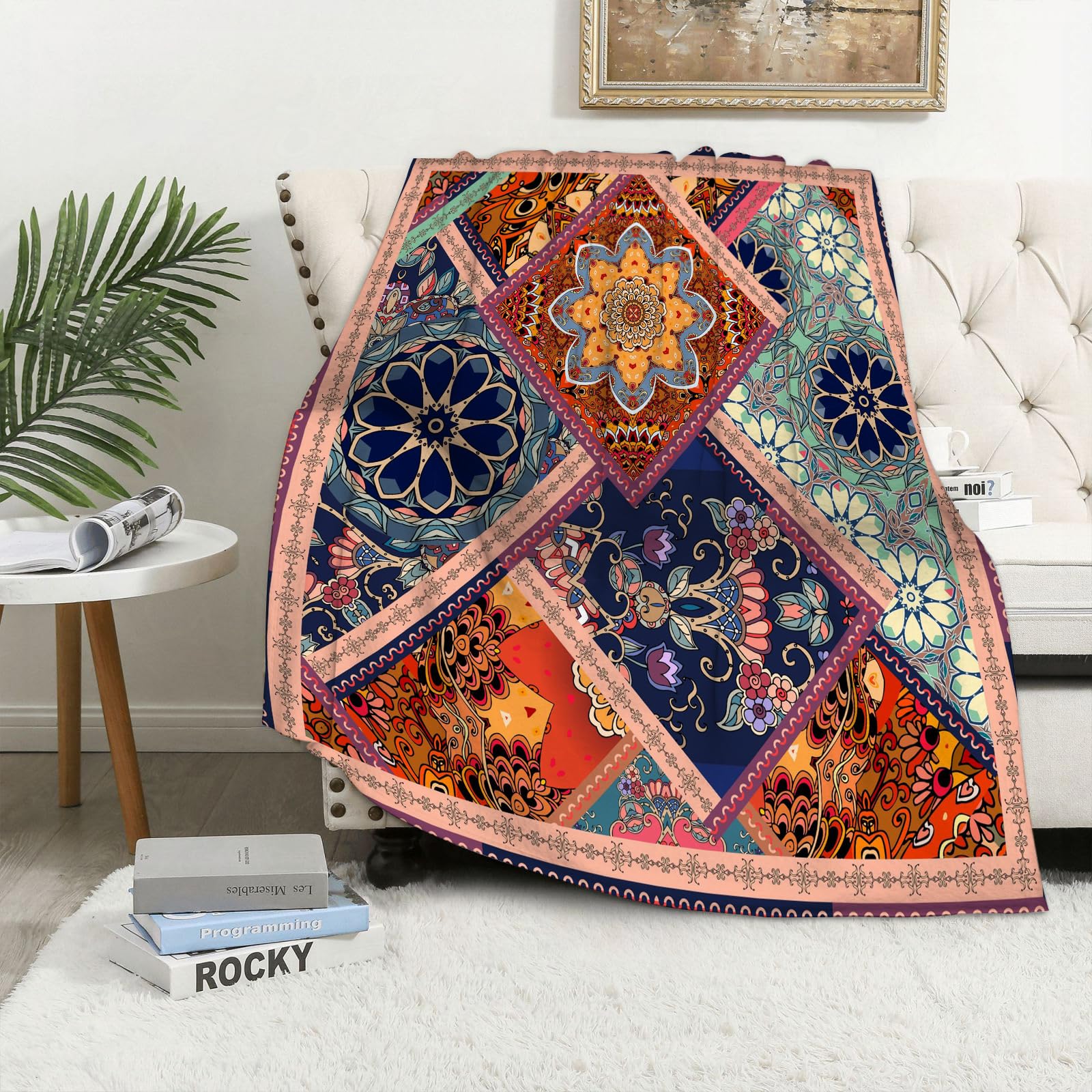 Maapchp Patchwork Pattern With Flowers Mandalas And - A10 Flannel Fleece Blanket Throws For Sofa Fluffy Blanket Bed Throw For Bedroom Patchwork Pattern With Flowers Mandalas And Ornamental E. Vintage Decorative Ele Blanket For Bed, Couch,Car 60X80in