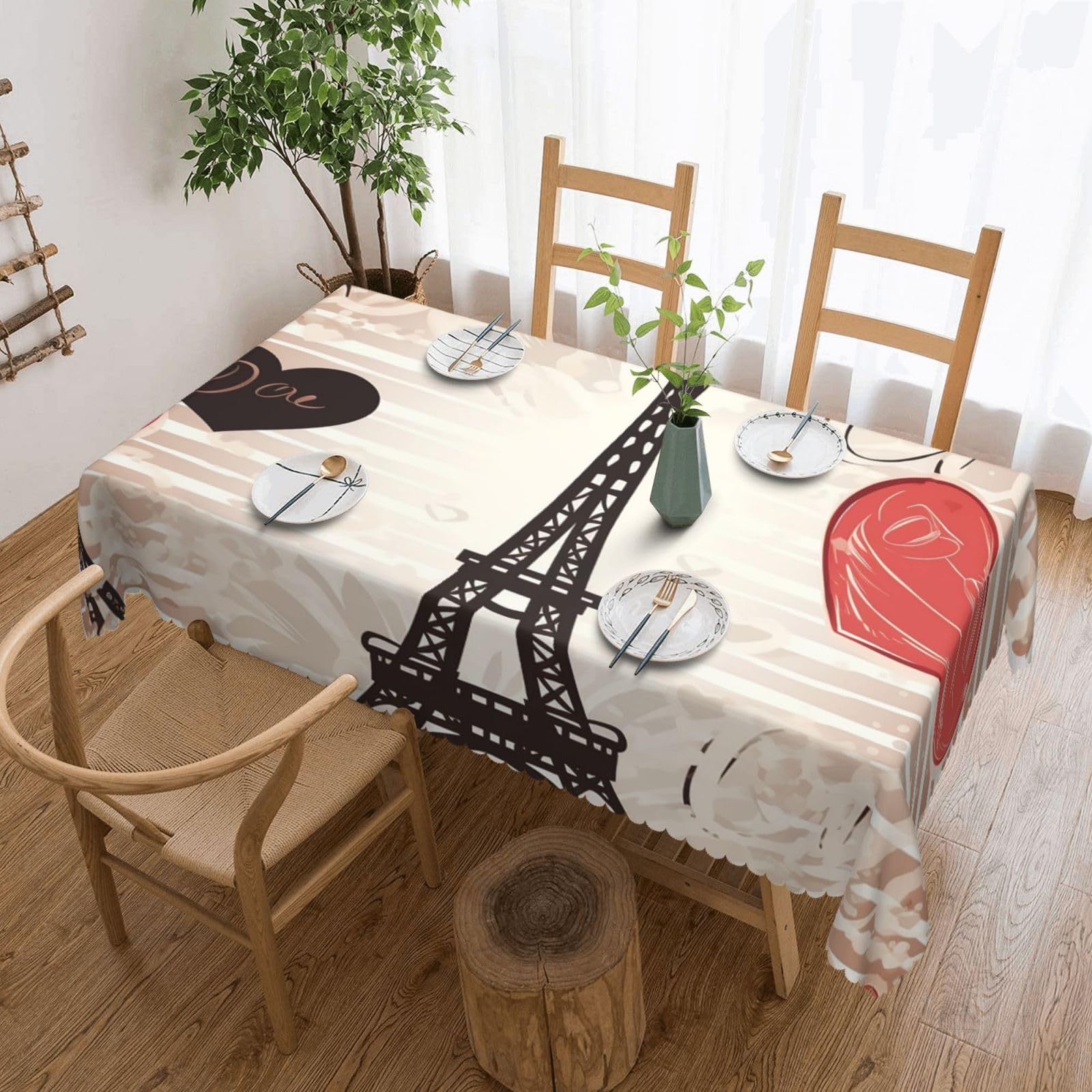 Rectangle Table Cloth 137x183 cm Paris Eiffel Tower Heart Tablecloths Wrinkle Free Table Cloth Washable Fabric Desktop Protection Decoration Tables Cover for Party Dining Indoor and Outdoor