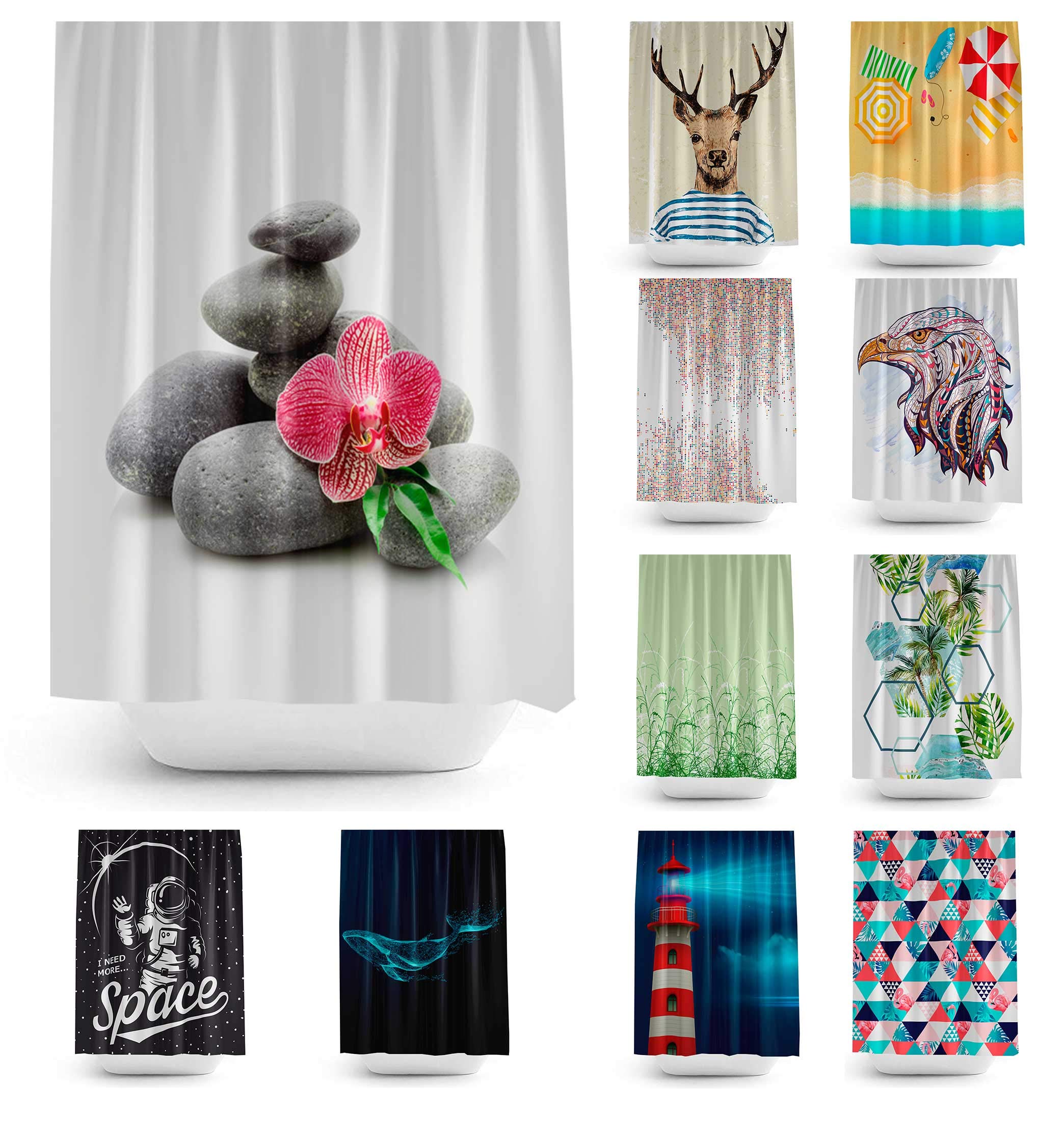 Extra long fabric shower curtains, 180cm wide by 200cm drop (SPA)