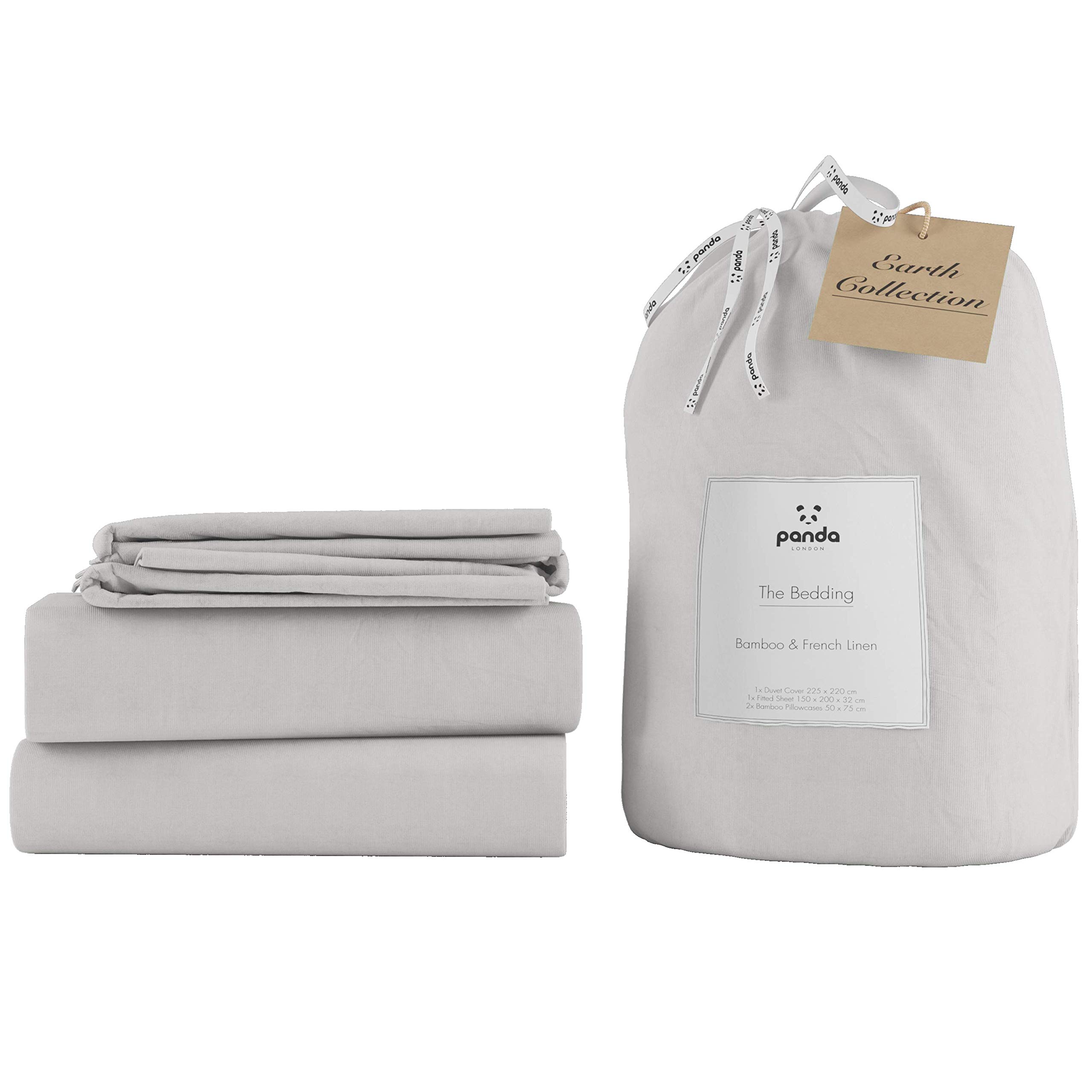 Panda® Bamboo & French UK Super King 4-Piece Linen Bedding Set, Earth Collection, Silver Lining Grey | Fitted Sheet, Duvet Cover, 2 x Pillowcases | Soft & Light | High Thread Count | Thermoregulating
