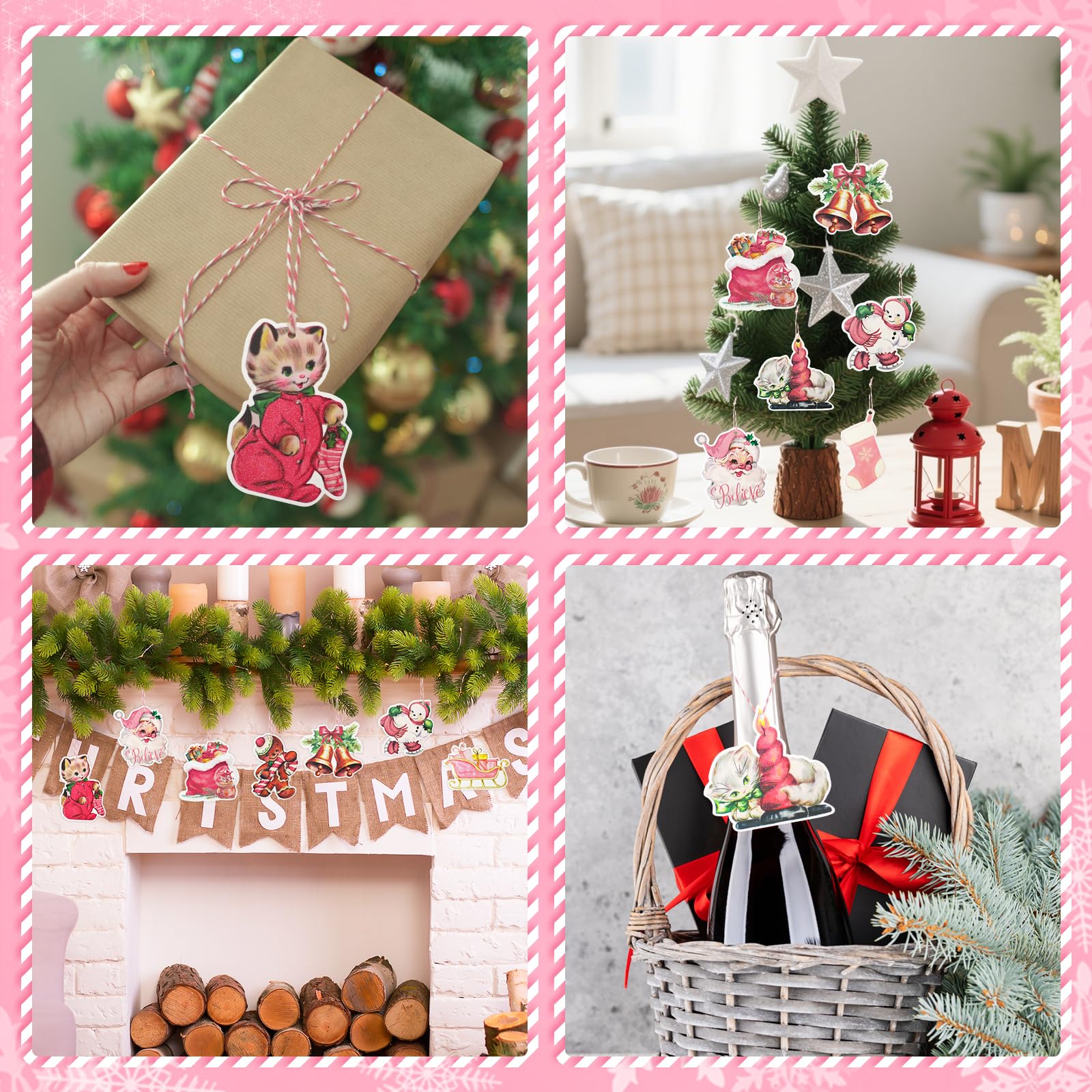 104 Stück rosa Vintage-Weihnachts-Geschenkanhänger, Frohe Weihnachten, Papier-Geschenkanhänger mit Schnur, Weihnachtsanhänger zum Aufhängen, Namensschilder für Weihnachtsbaum, Winterurlaub