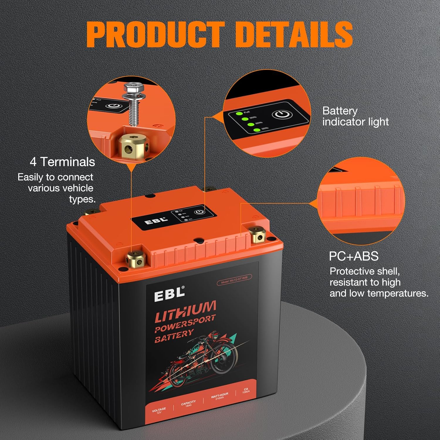 Close-up of EBL LiFePO4 battery showing 4 terminals and a battery indicator light.
