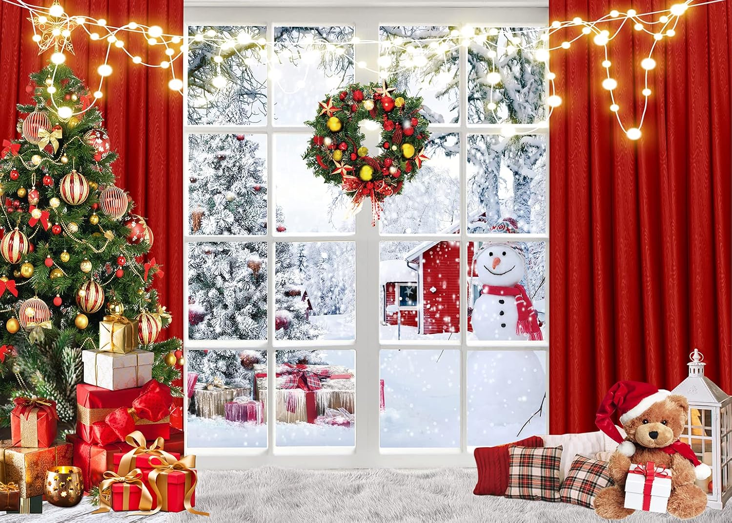 CHAIYA 10X8FT Christmas Window Backdrop for Photography Winter Snow Xmas Tree Gift Christmas Family Party Background New Year Party Backdrop