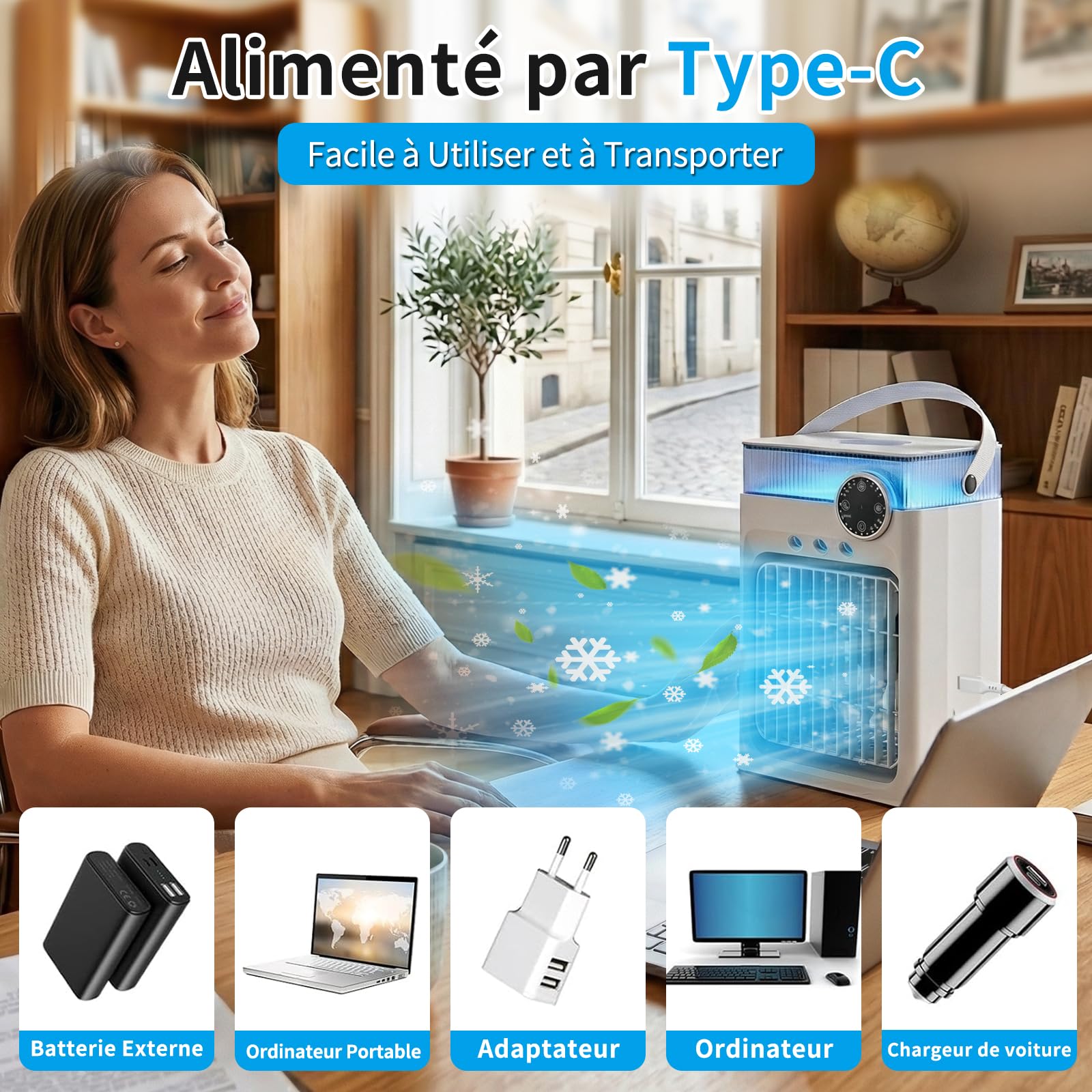 YFFU Climatiseur Mobile avec Télécommandé,1200ml Rafraîchisseur d’Air RGB 8 Couleurs,3 Vitesses,3 Modes de Brume, Minuterie 2-8h, Mini Clim Portative pour Pièce et Extérieur,Nuage Blanc