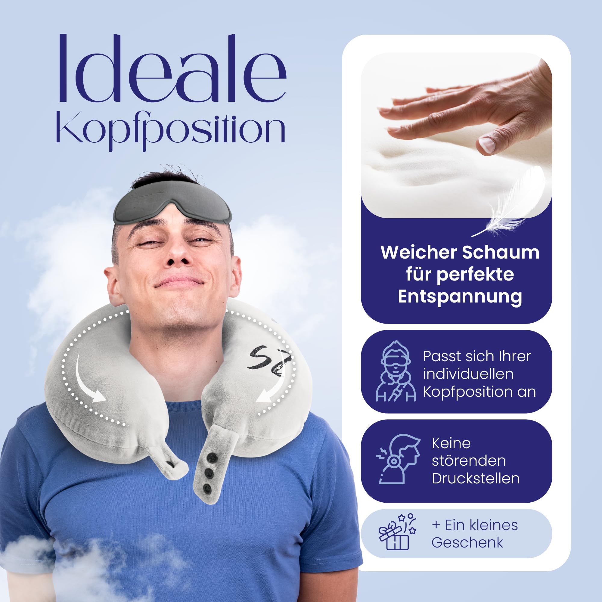 Nuevo diseño de zona de Snooze – Cojín cervical 2 en 1, diseño de avión, cojín de viaje único de espuma viscoelástica, fácil de guardar cojín cervical, práctico cojín cervical, blanco