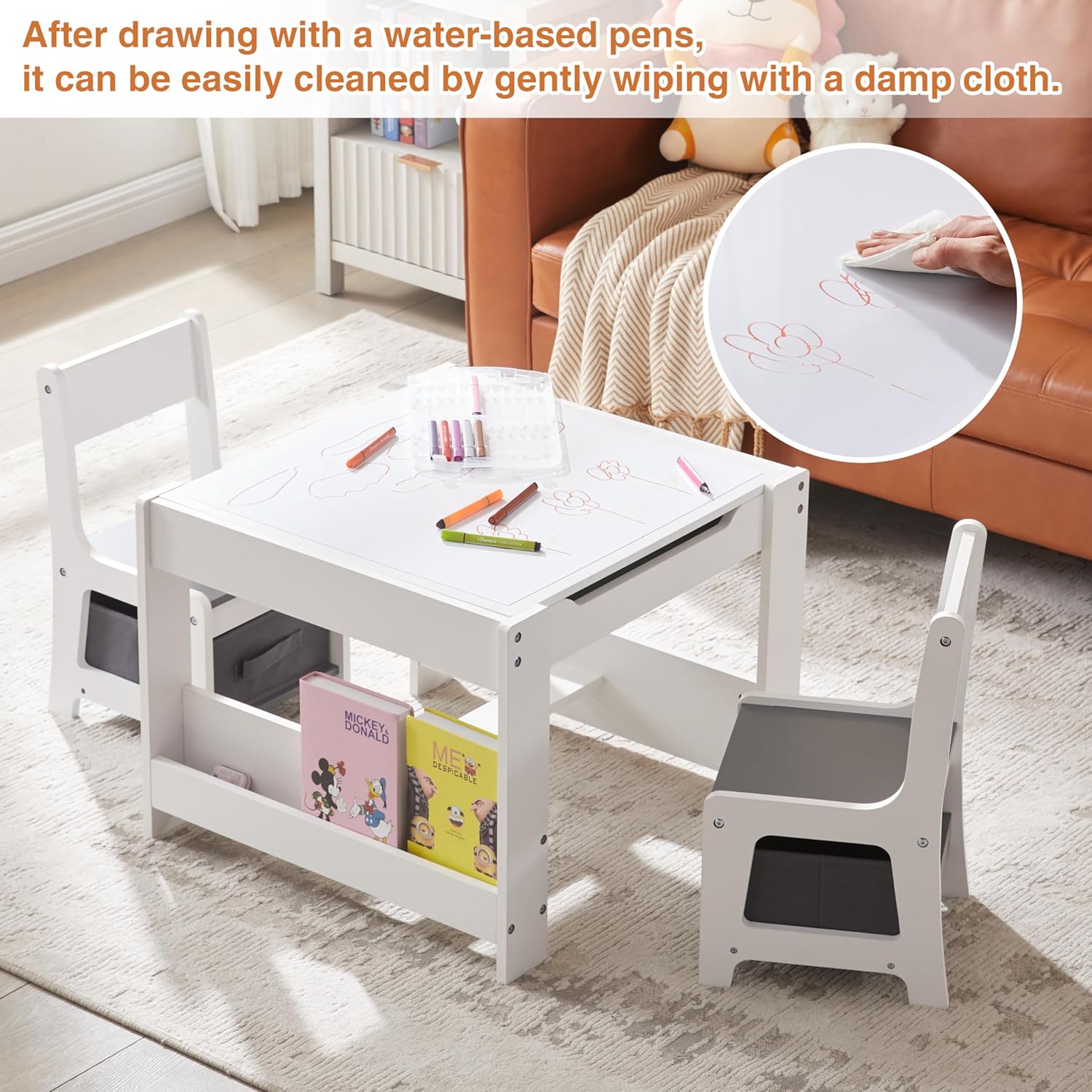 Kids Table and Chair Set, 3 in 1 Wooden Activity Table with Bookshelves and Storage Drawer, 2 in 1 Detachable Tabletop Construction Play Table Set for Drawing, Reading