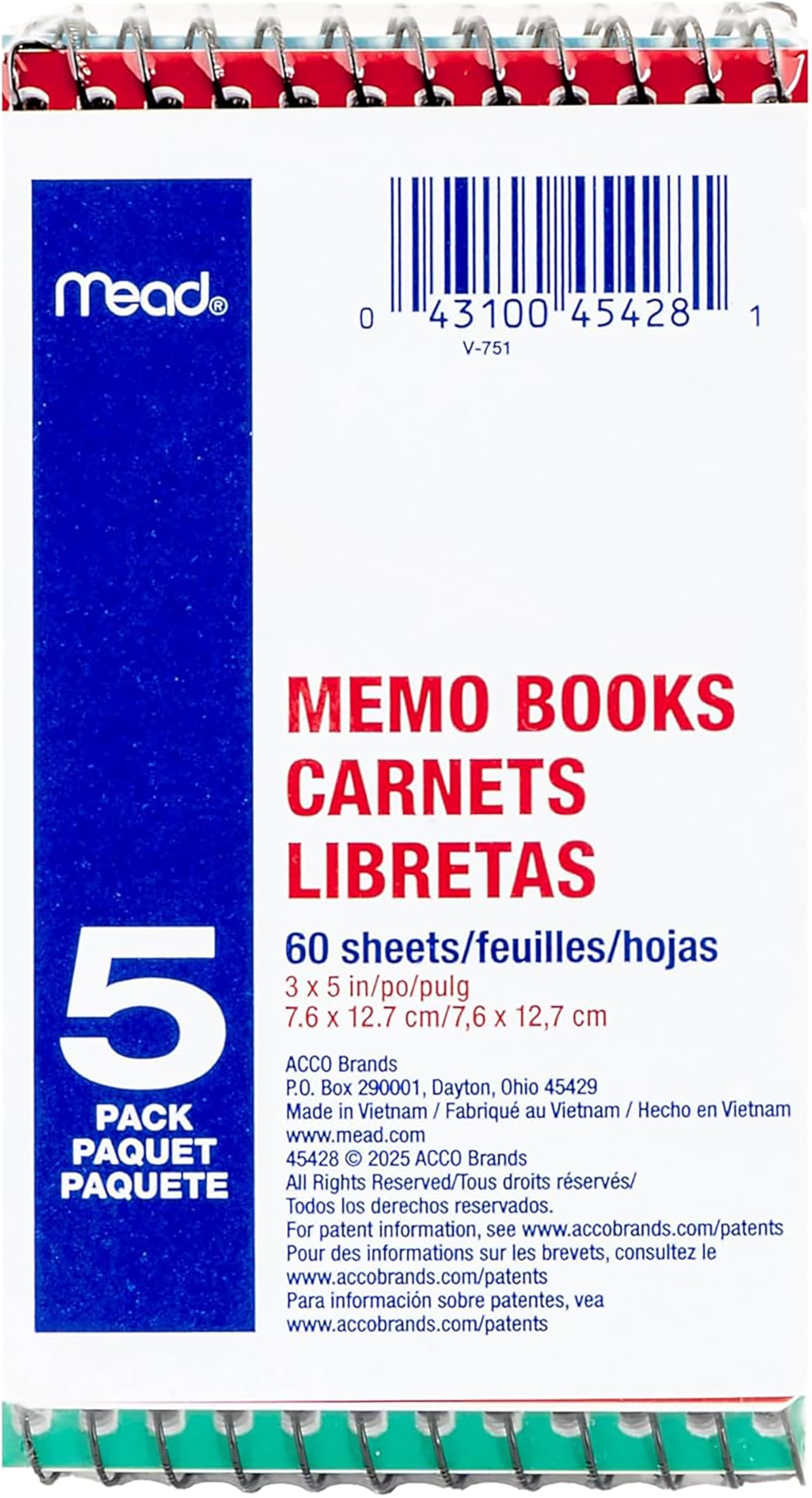 Mead Wirebound Memo Book, 3” x 5”, College Ruled, 120 Pages/60 Sheets, Assorted Colour Covers, Pack of 5, (45428) image 7