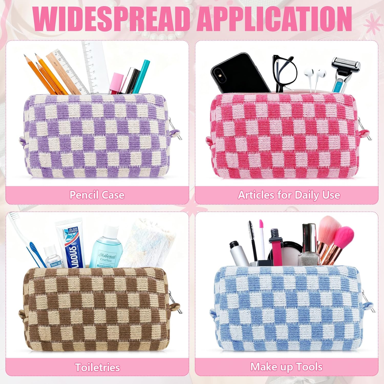 Giesiery 8 Pcs Checkered Makeup Bag Bulk Cosmetic Organizer for Women & Teens Preppy Travel Toiletry Pouch for Skincare & Brushes Bridesmaid Proposal Gifts (8, Classic Color)