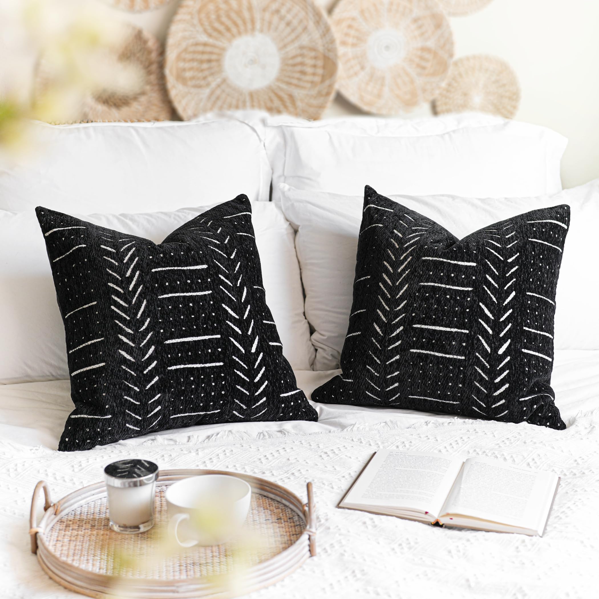 BlissBlush Black Decorative Throw Pillow Covers 22X22, Set of 2, Boho Farmhouse Cushion Cover, Cozy Soft Accent Pillowcase for Couch Sofa Bed Living