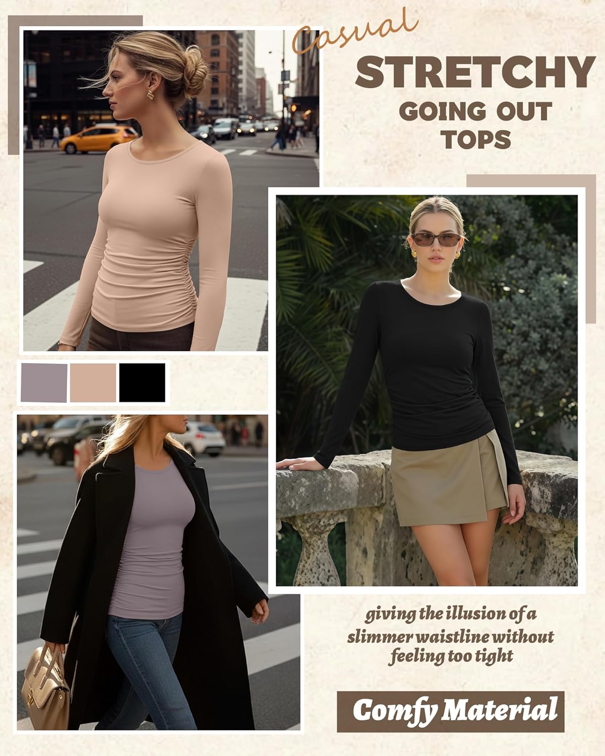 3 Pack Women's Long Sleeve Shirts Side Ruched Crew Neck Slim Fit Basic Tees Casual Stretchy Going Out Tops - Image 6