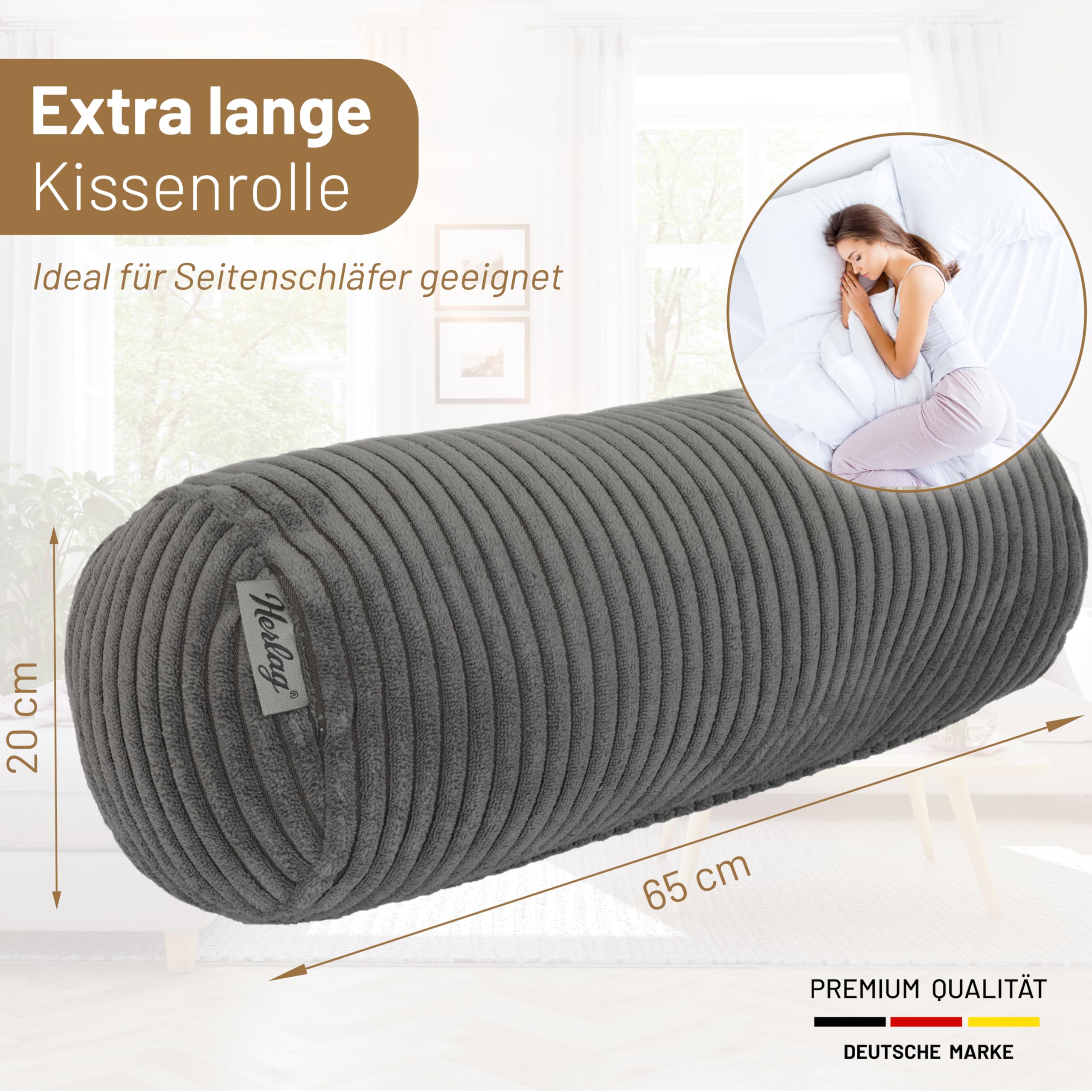Herlag Kissenrolle Ella Grau 65x20cm - Nackenrolle aus Kord - Seitenschläferkissen - Dekokissenrolle - Öko Tex 100
