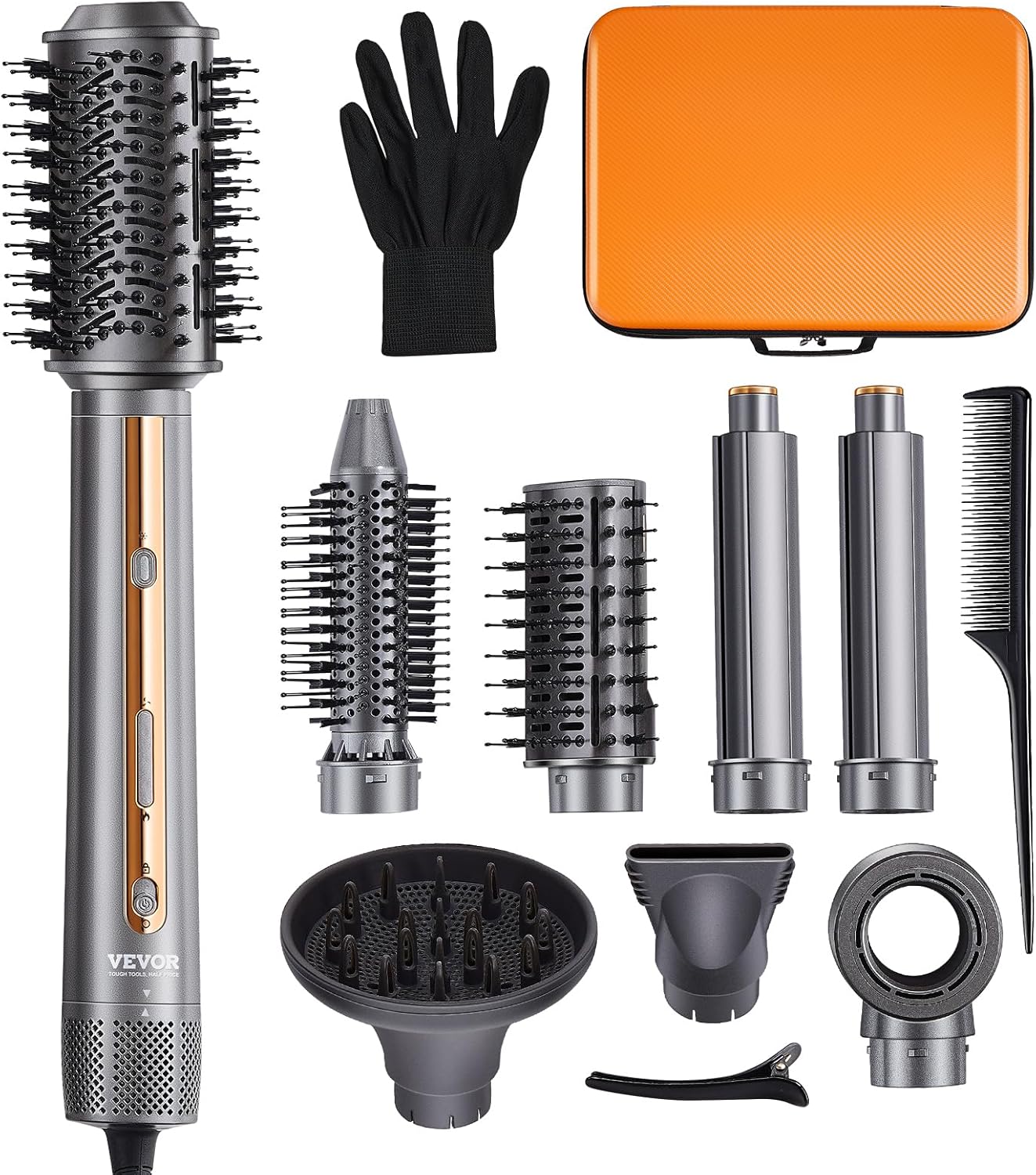 VEVOR 7-in-1 professionele multi-haarstyler, 110.000 omw/min warme luchtborstel, 1600 W airstyler met 2 auto-wrap-krulspelden, 3 borstels en 3 sproeiers, ionenföhn voor drogen en volume-styling