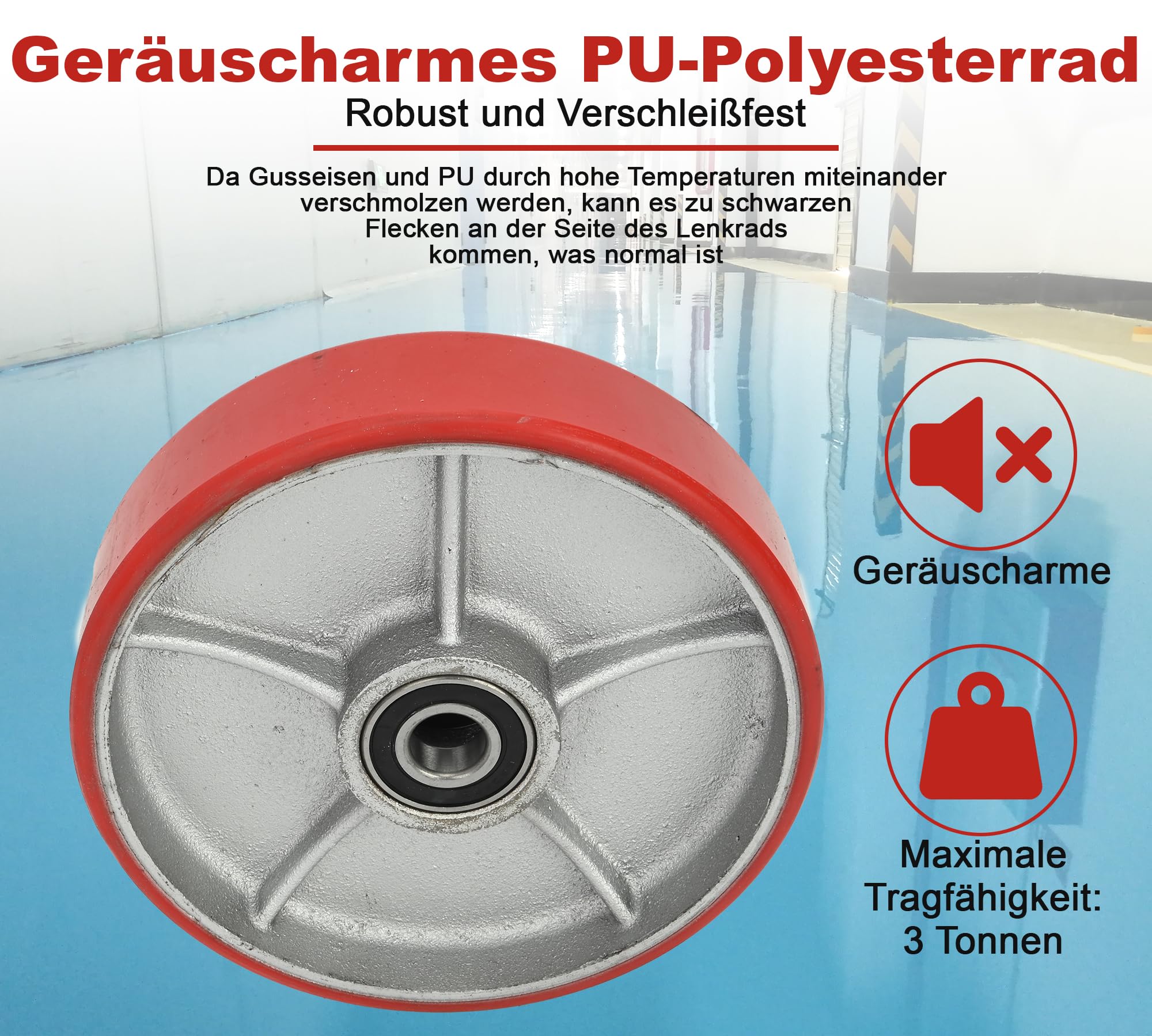 bimiti 2 Stück Hubwagenrollen Polyurethane/PU Ø200 x 50 mm, Achse 20 mm inkl. Kugellager Rollen für Hubwagen Ersatzrollen, Swivel Castor for Pallet Trucks,Max. Belastung 3000 KG