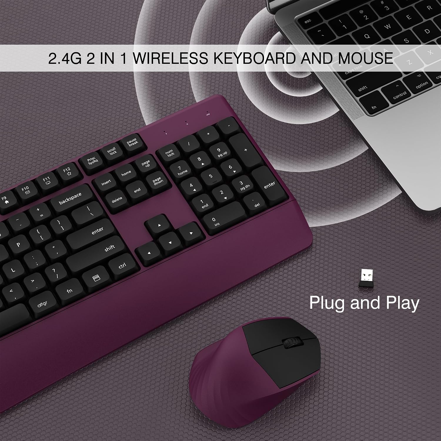 Links9+ Ergonomic Wireless Keyboard and Mouse Combo with Wrist Rest, Full-Sized 104-Key, Plug and Play USB Receiver, BK Chipset, Compatible with PC/Laptop/Desktop for Office Home Use(Burgundy)