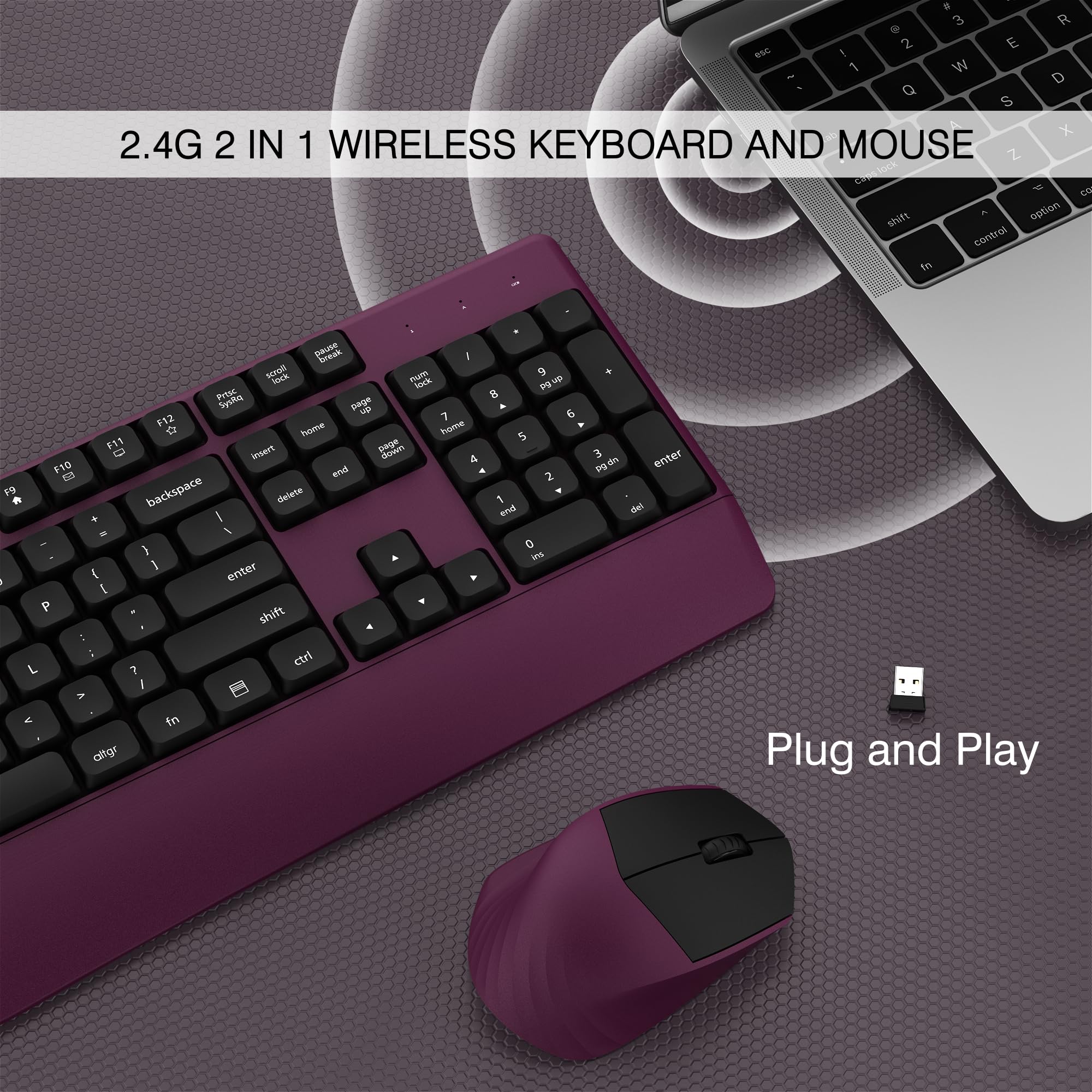 Links9+ Tastiera e mouse wireless Combo, full-size 104 tasti, 2,4 GHz, tastiera wireless con poggiapolsi e mouse wireless per Windows, Mac OS PC/computer/laptop/desktop (bordeaux)
