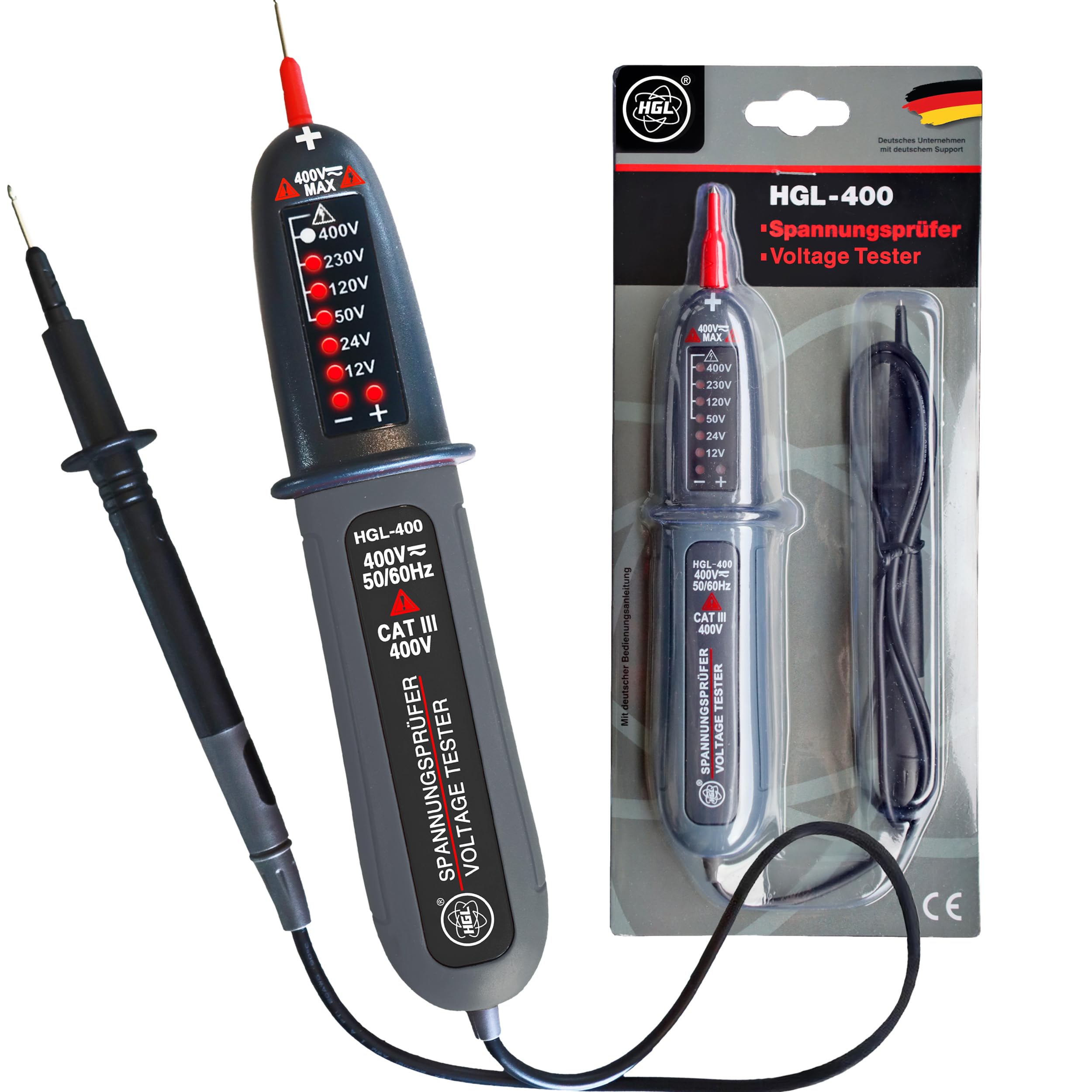 HGL-400 Spannungsprüfer zweipolig 12V bis 400V AC/DC mit LED Anzeige, Phasenprüfer, IP54 Spritzwassergeschützt, keine Batterien benötigt, Spannungsmesser 2-polig, Steckdosen Messgerät
