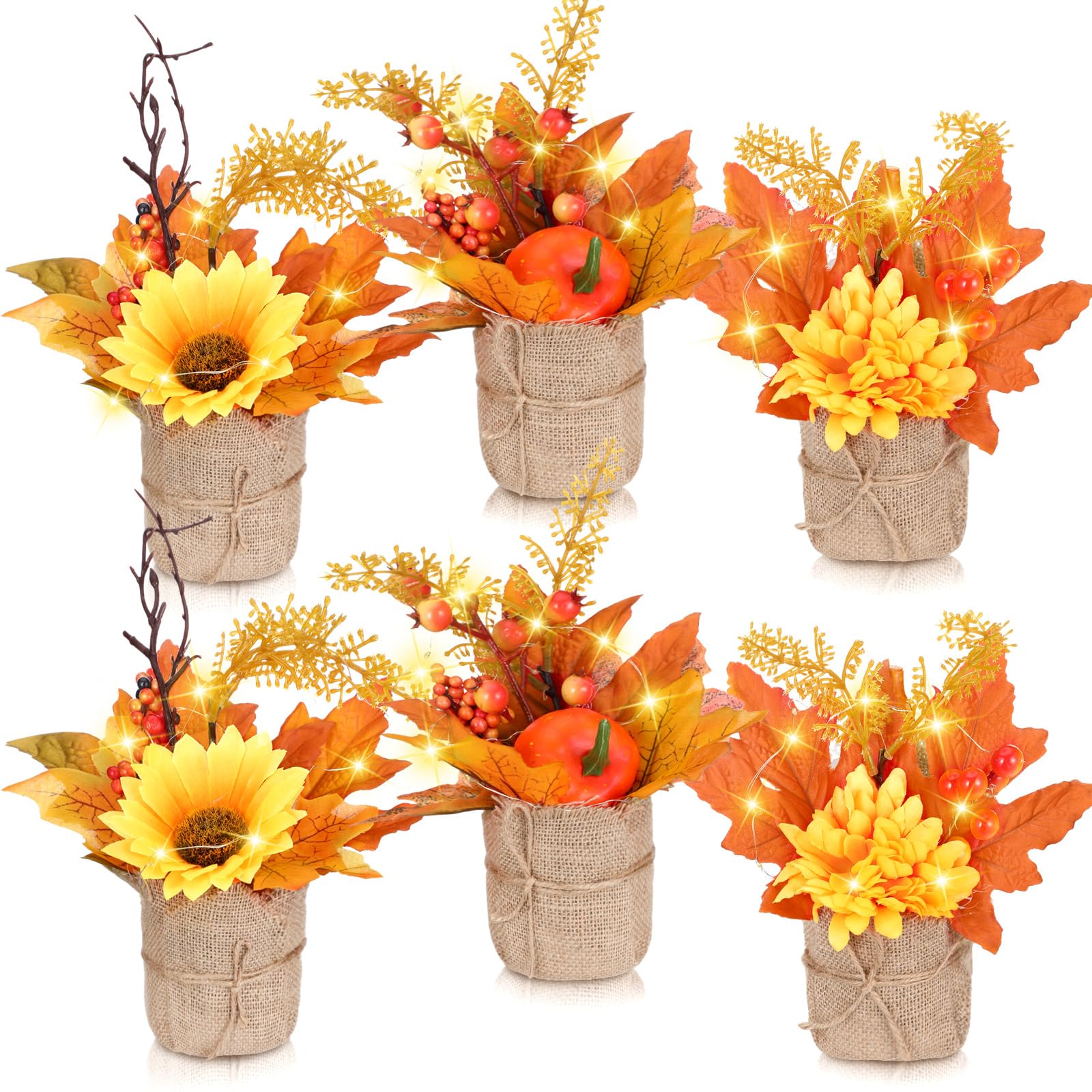 Thyle 6 Pcs Thanksgiving Artificial Flowers with Burlap Base and String Light Mini Plants Decorations Fall Flowers Artificial for Decoration Fall Party Decor Centerpiece Berry Pumpkin Picks Branches