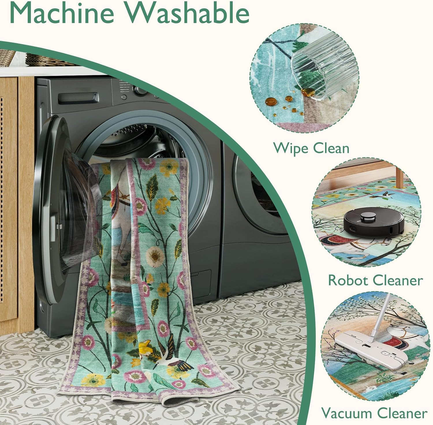 LIVEBOX Green Rug for Living Room Washable, 5x7 Horse Forest Floral Area Rug for Bedroom, Soft Non-Slip Woodland Rugs for Dining Room Playroom Nursery Home Decor (Green,5x7)