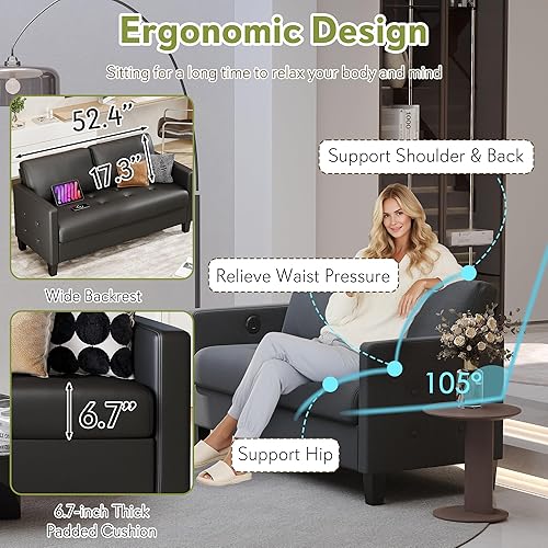 Miniatura 5 de STHOUYN Sofá de piel sintética negra de 59 pulgadas, moderno y cómodo sofá de dos plazas de oficina con USB y reposabrazos copetudo, sofás pequeños