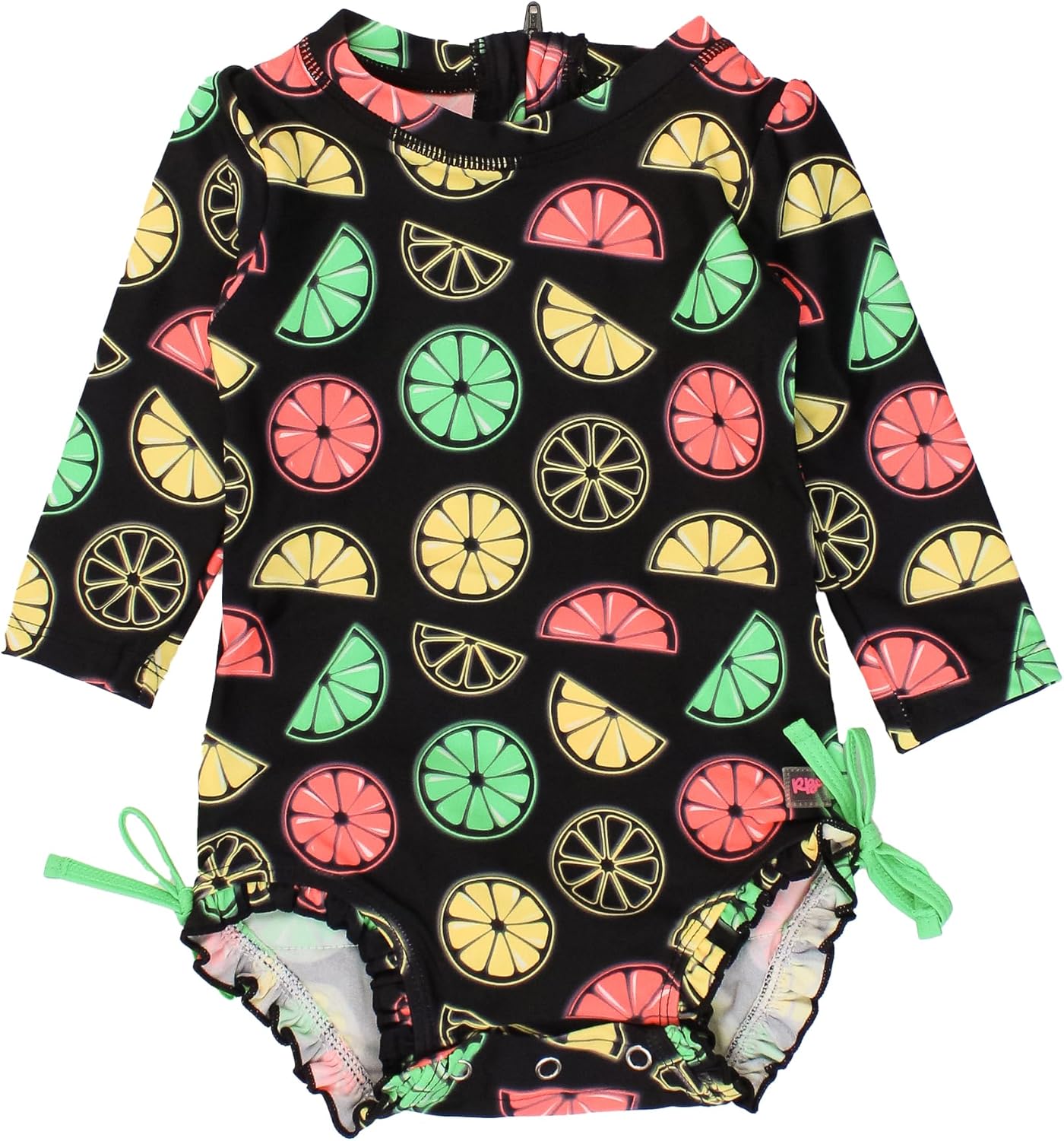 RuffleButts Baby Girls UPF 50+ Sun Protection Floral Printed Long Sleeve One Piece Rash Guard Swimsuit with Zipper