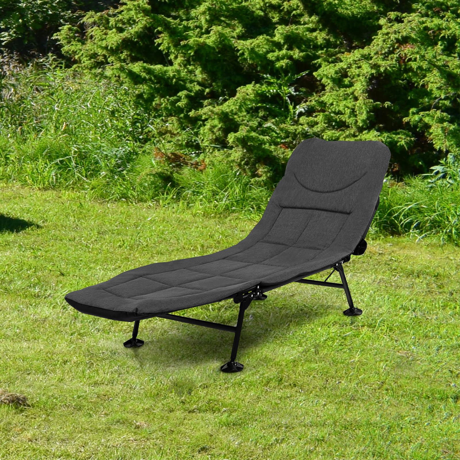 KOMFOTTEU Lettino da Campeggio Pieghevole, Schienale Regolabile in 6 Livelli, Brandina con Materasso Rimovibile, Letto Portatile con Piedini Girevole a 360°, per Spiaggia, Carico 200 kg (Grigio)