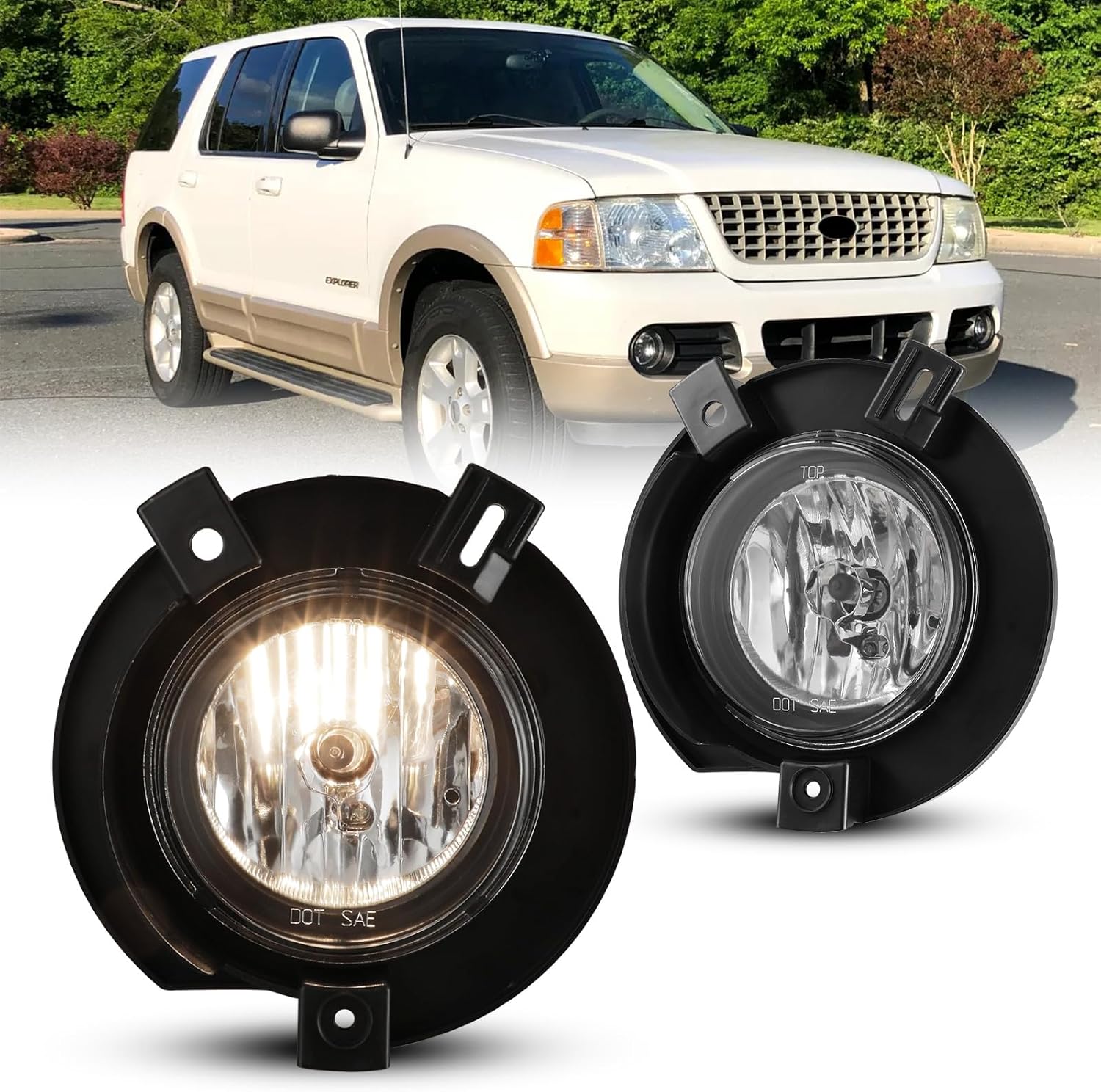 Fog Lights Compatible with 2002 2003 2004 2005 Ford Explorer Fog Lamps Replacement with Bulbs H10 12V 42W- 1 Pair (Clear Glass Lens)