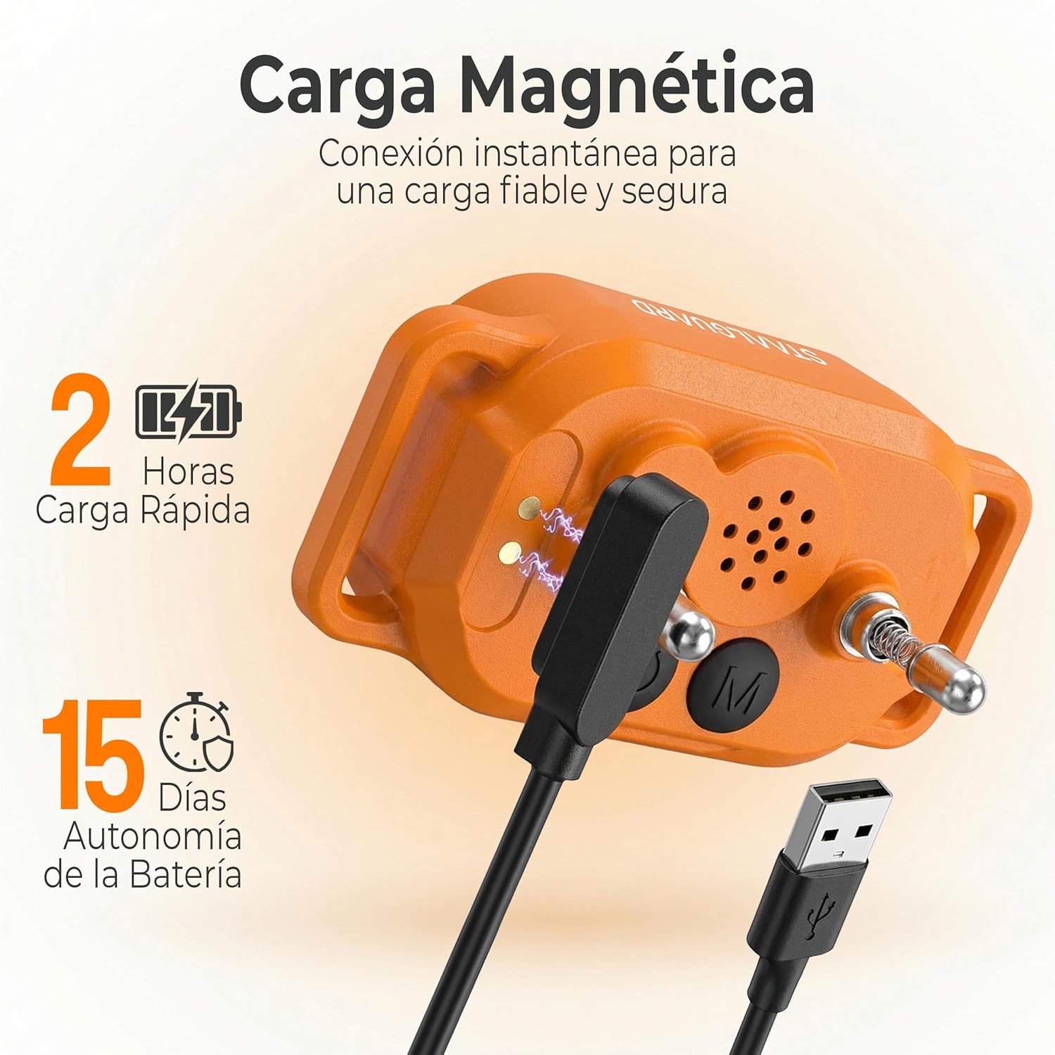 Staalguard ST50 collar being charged with a magnetic USB cable