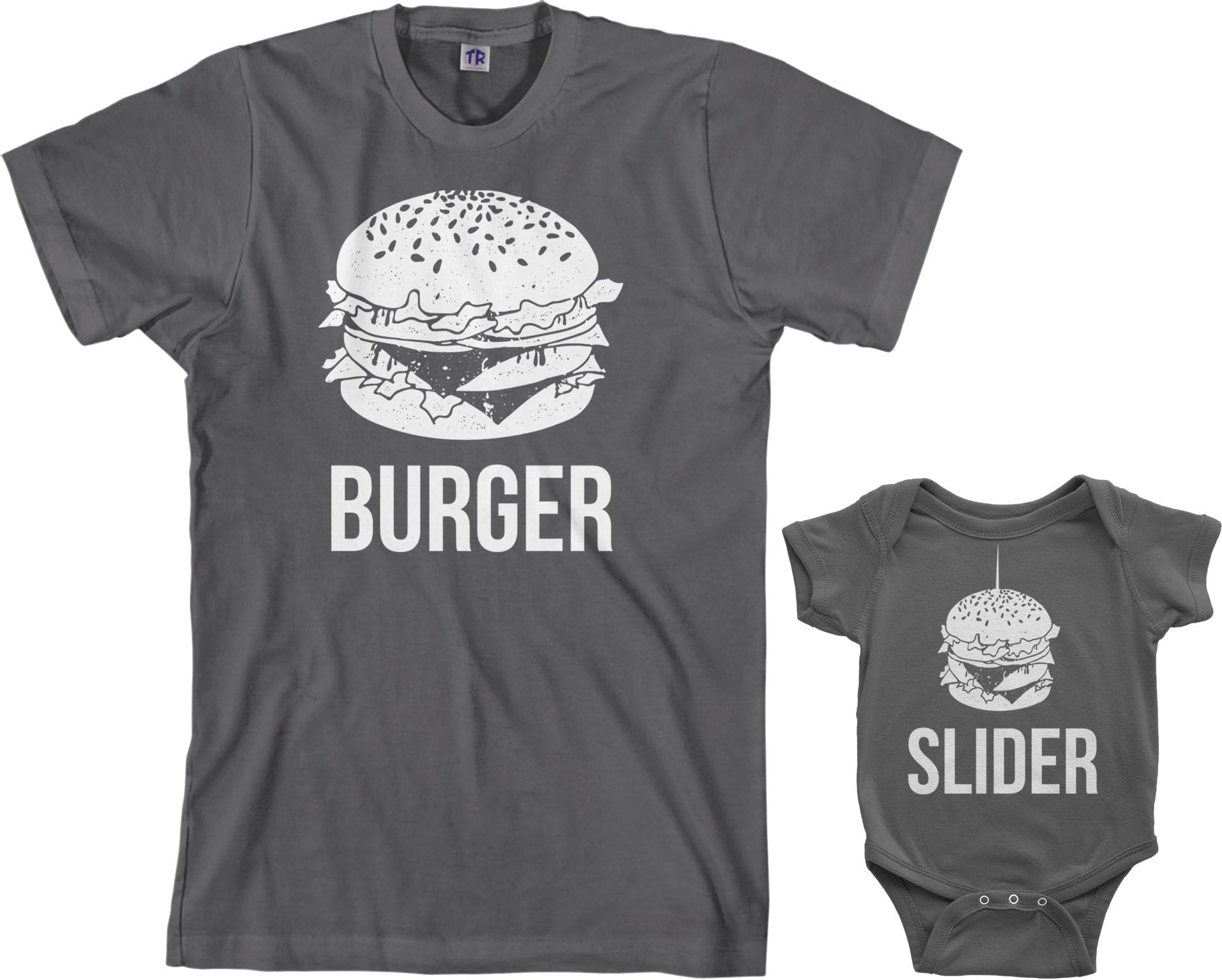 Threadrock Burger & Slider Infant Bodysuit & Men's T-Shirt Matching Set (Baby: 6M, Charcoal|Men's: XL, Charcoal)