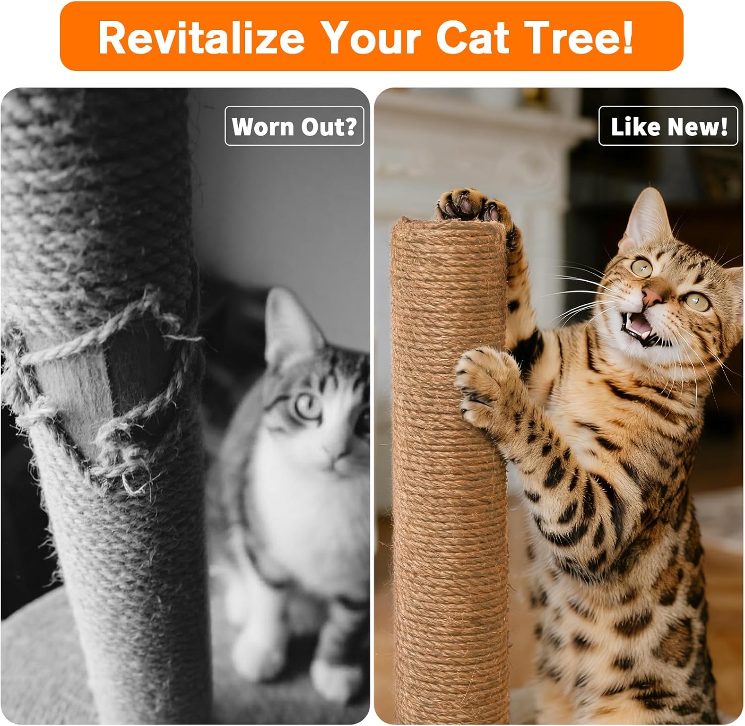 4 Pack Cat Scratching Post Replacement, 15.7 x 3.1 Inch Sisal Poles with M8 Screws, Refill Parts for Indoor Cat Towers and Furniture Repair-Brown
