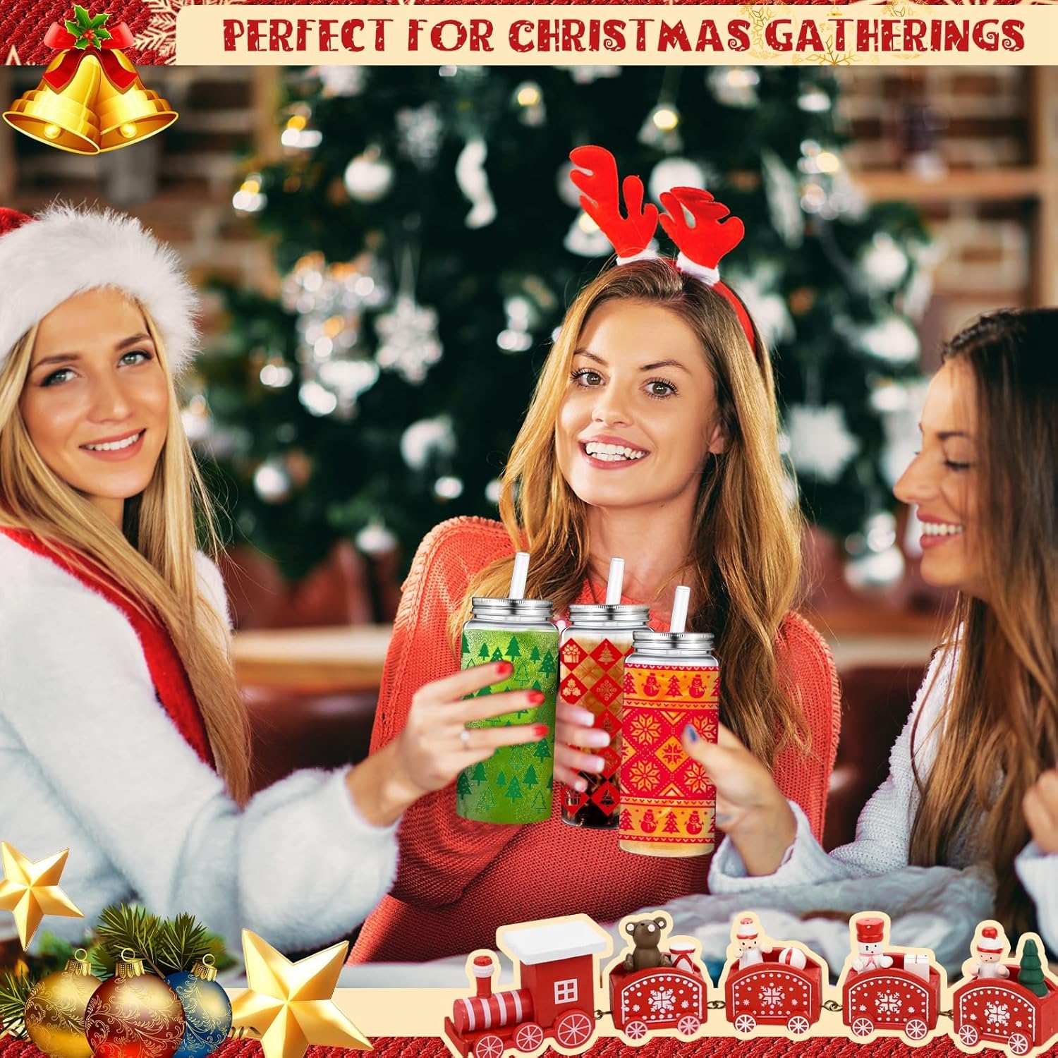 Skylety 24 Pcs Christmas Cups Bulk 13.5 oz Reusable Christmas Plastic Cups with Lids and Straws Red and Green Xmas Tumbler Snowflake Holiday Tumbler for Coffee Wine Drinks Decoration Party, 6 Styles - Image 6