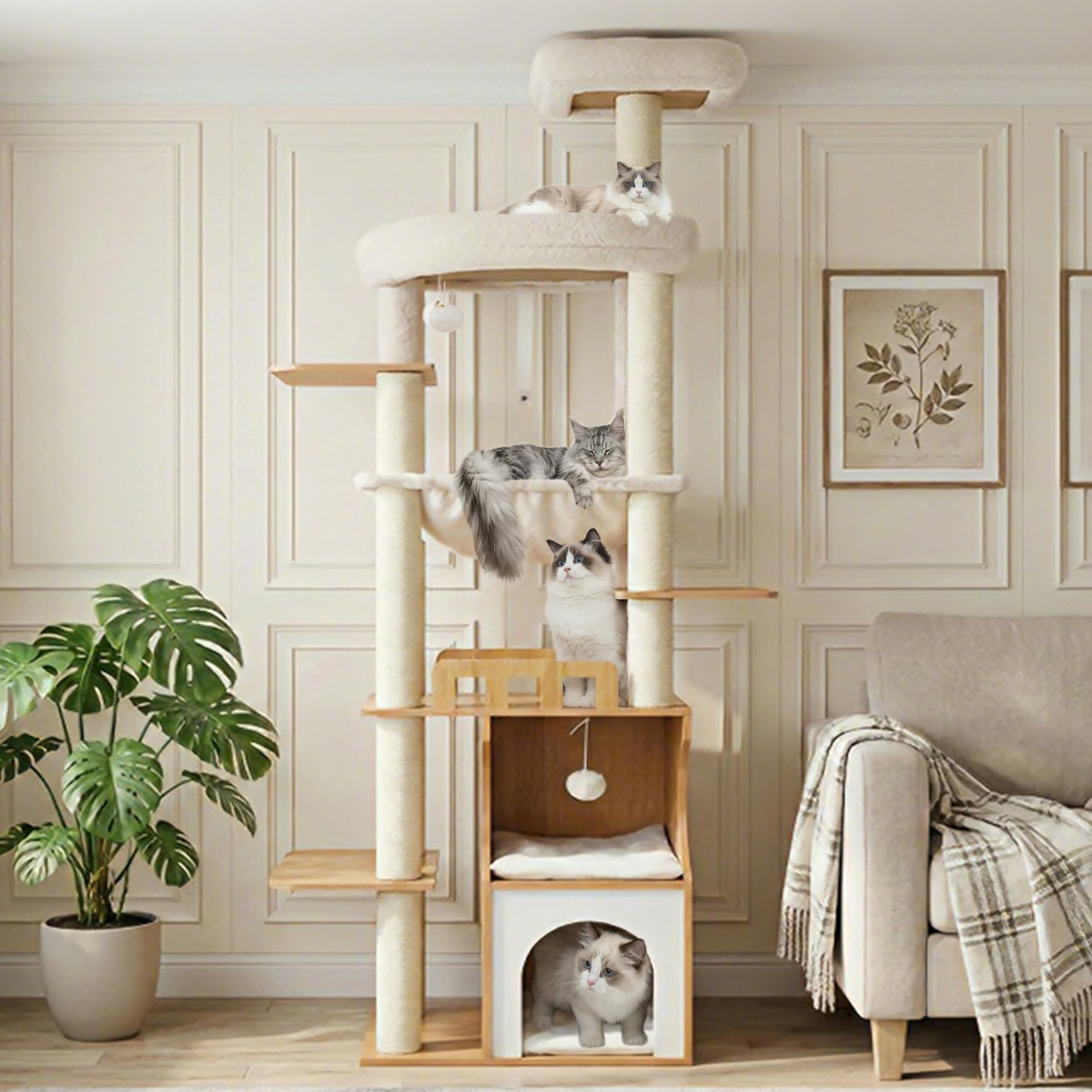 Gitelsnour drapak dla kota, 180 cm duże drewniane drzewo dla kota, nowoczesne meble dla kota z podwójnymi drewnianymi jaskiniami, 2 platformy, hamak i drapak, orzech GCT102WB