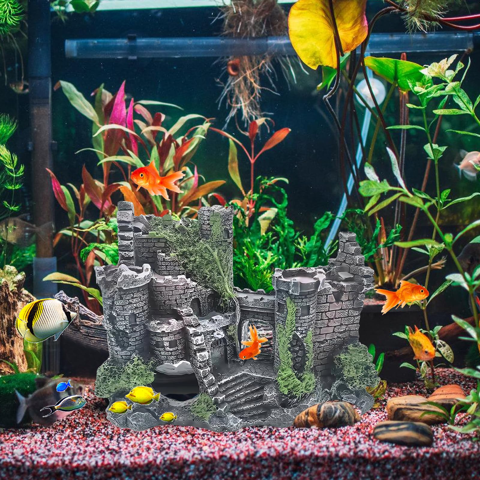 Grande décoration pour aquarium : ornements en résine, décorations de château en ruine classique, accessoires pour aquarium, paysage en polyrésine pour poissons, crevettes, tortues (château)