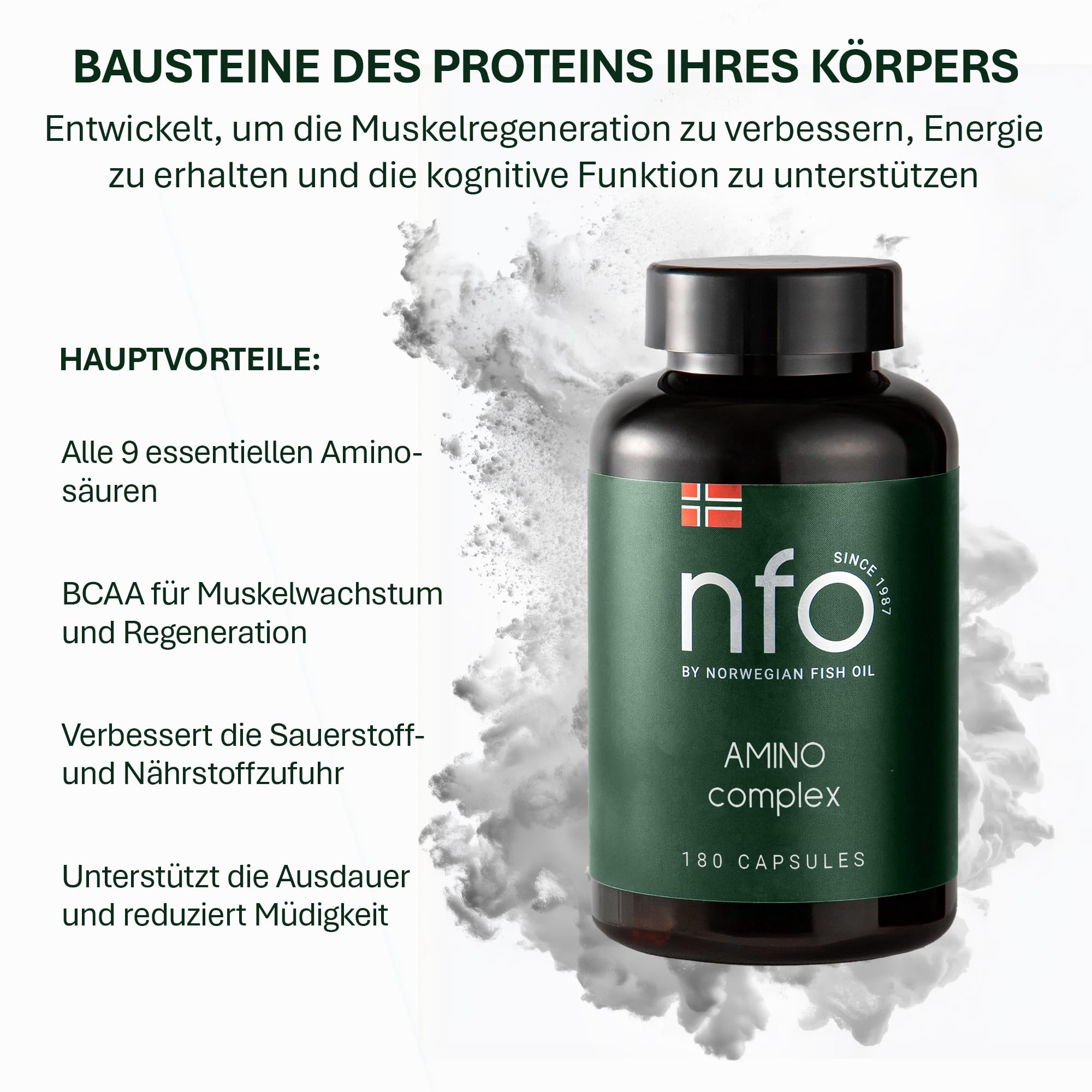 NFO AMINO СOMPLEX [180 Kapseln] Natürlicher bioaktiver Aminosäuren Komplex Hochdosiert aus einer natürlichen pflanzlichen Quelle – Bierhefe (Hordeum Vulgare), Hergestellt in Norwegen