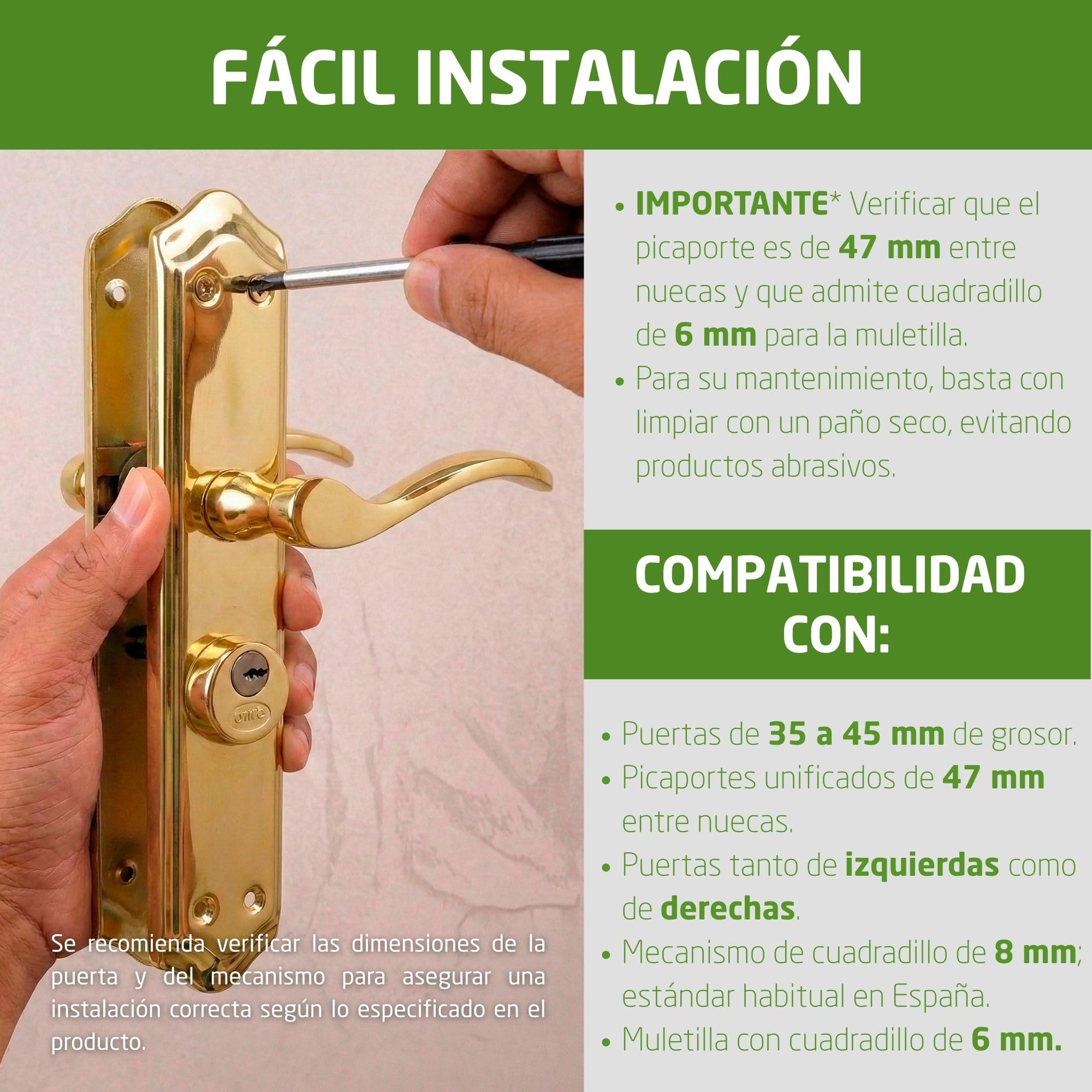 Amig - Manilla para puertas Derecha Mod. ALFA con Muletilla Mod. 46 - Acero Latonado - 255 x 48 mm - Cuadradillo de 8mm - Incl. 2 llaves - Para puertas de 35 a 45 mm - Dorado