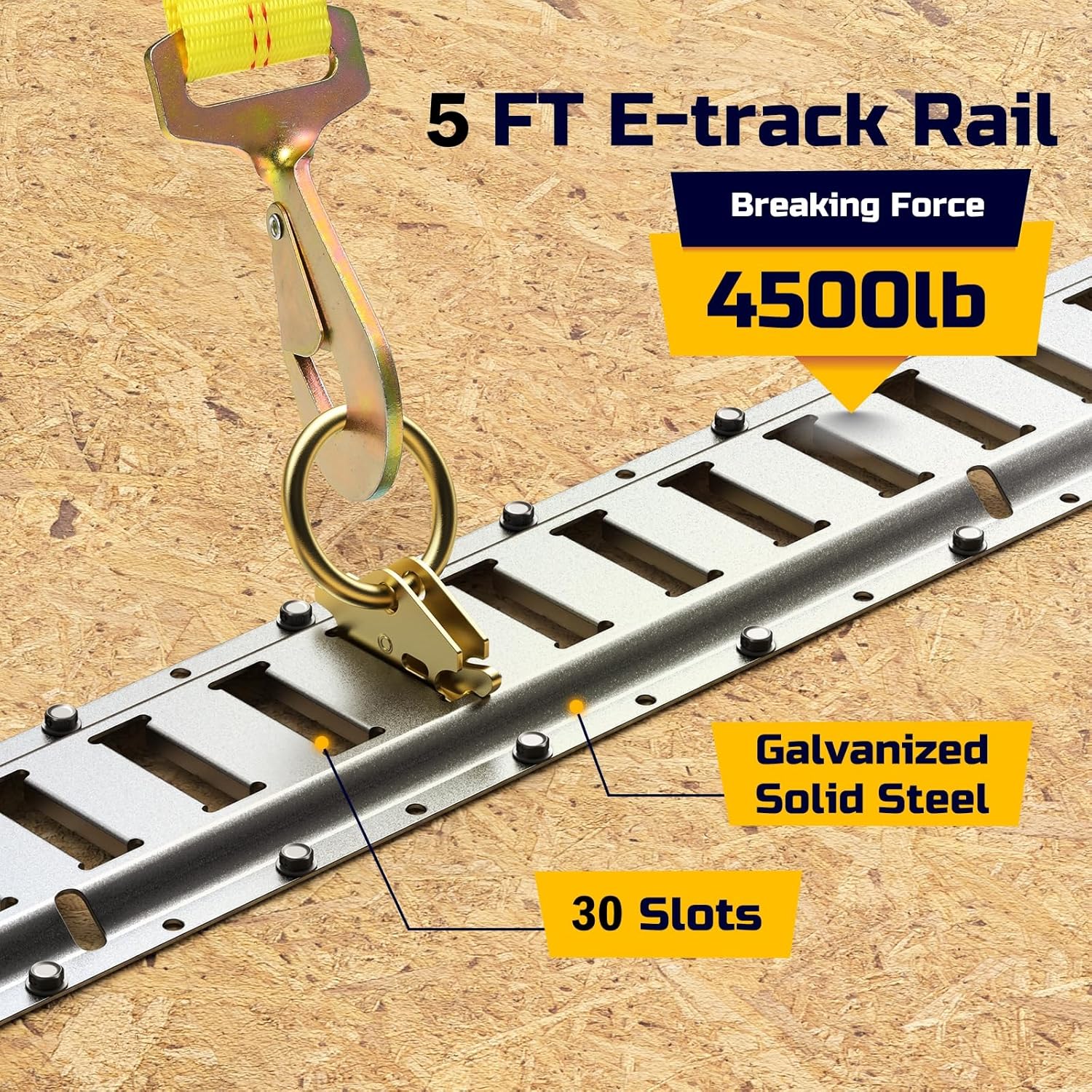 Close-up of E-track rail showing galvanized solid steel construction and 30 slots, with breaking force of 4500 lbs