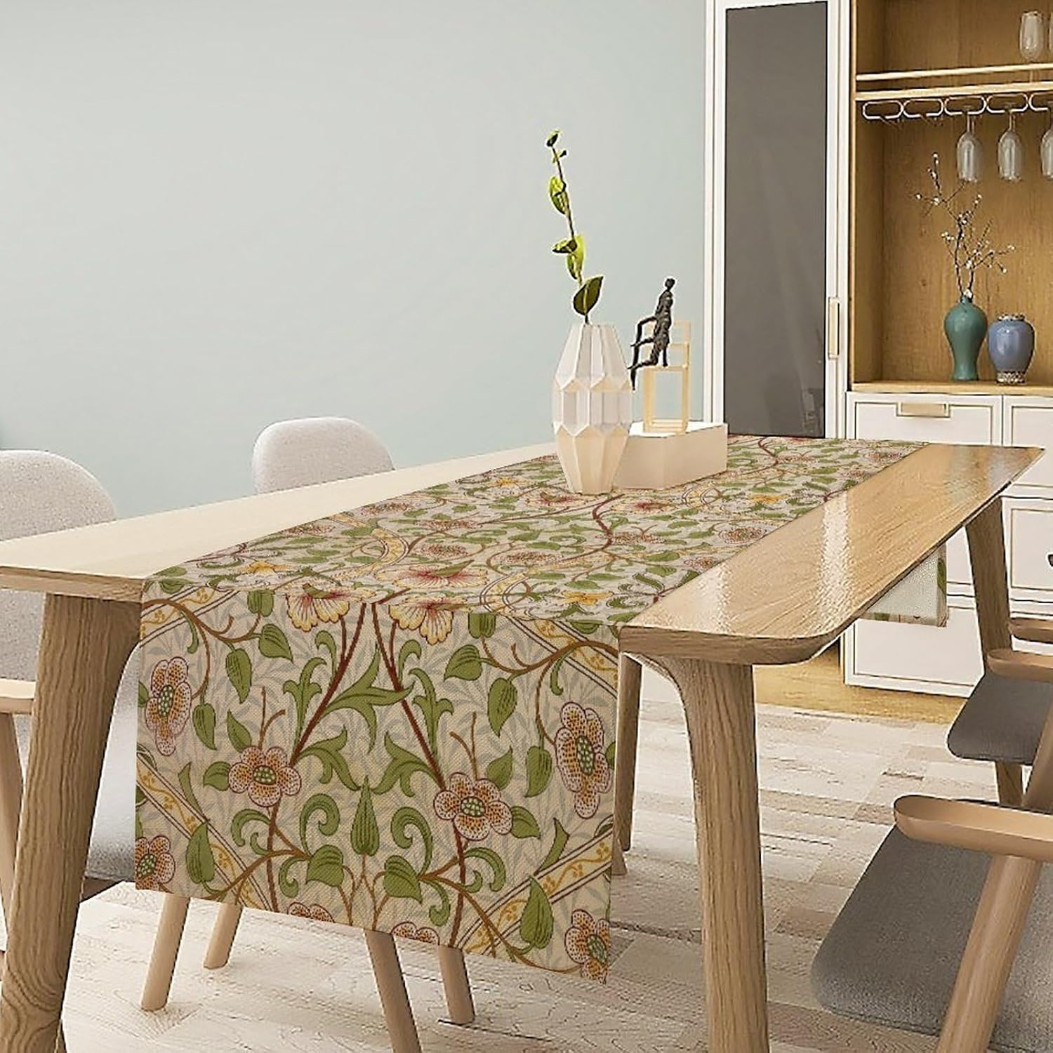 William Morris Style Floral Table Runner for Table Decor, Art Rustic Green Botanical Flower Vintage Printed for Kitchen Dining Room Farmhouse Party Holiday Decorate 13" x 90"