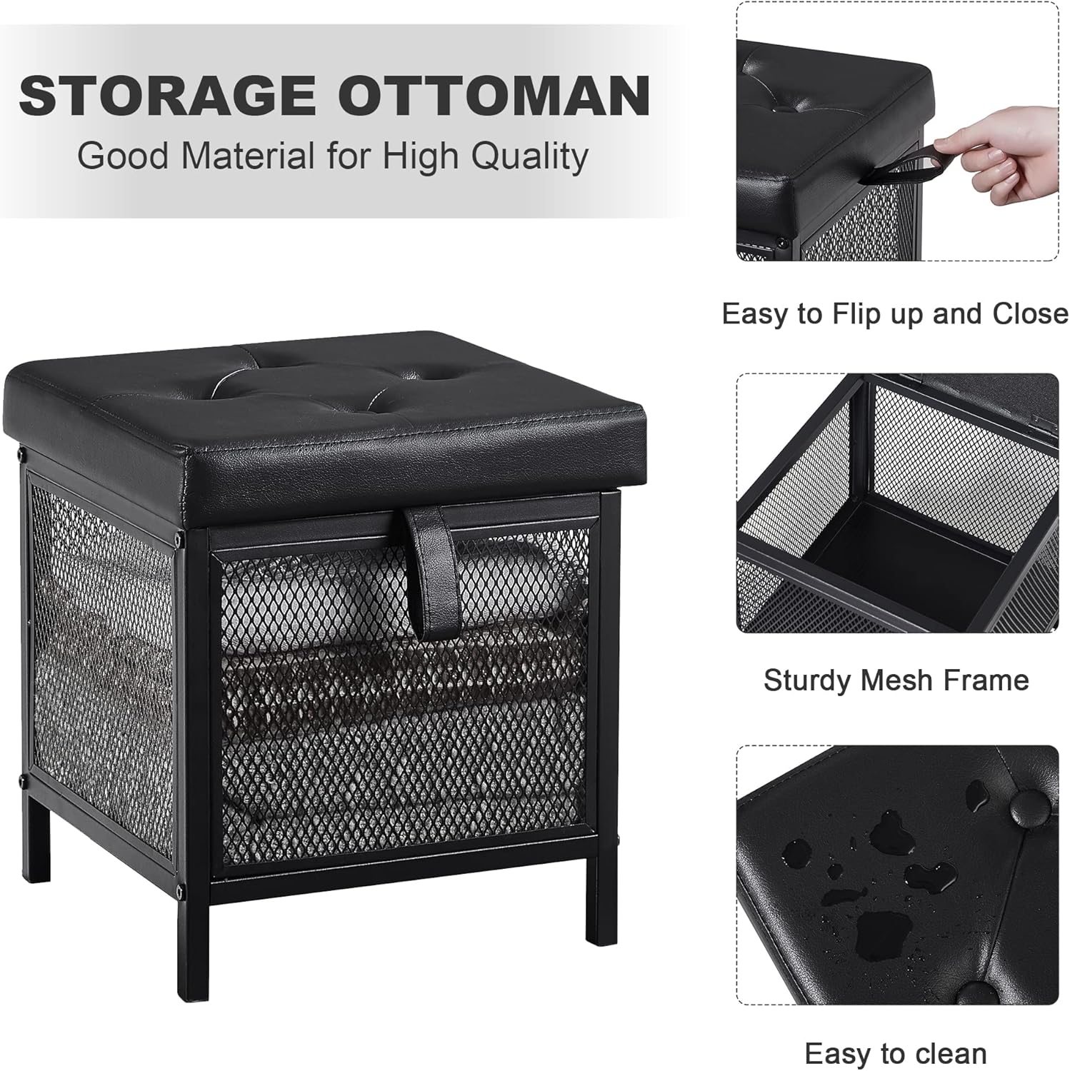 VECELO Storage Ottoman, Footrest Footstool, 13.8'' Small Square Ottoman Cube for Living Room/Bedroom, Faux Leather Ottoman Storage Cubes with Lids, Holds up to 466 lbs, Black